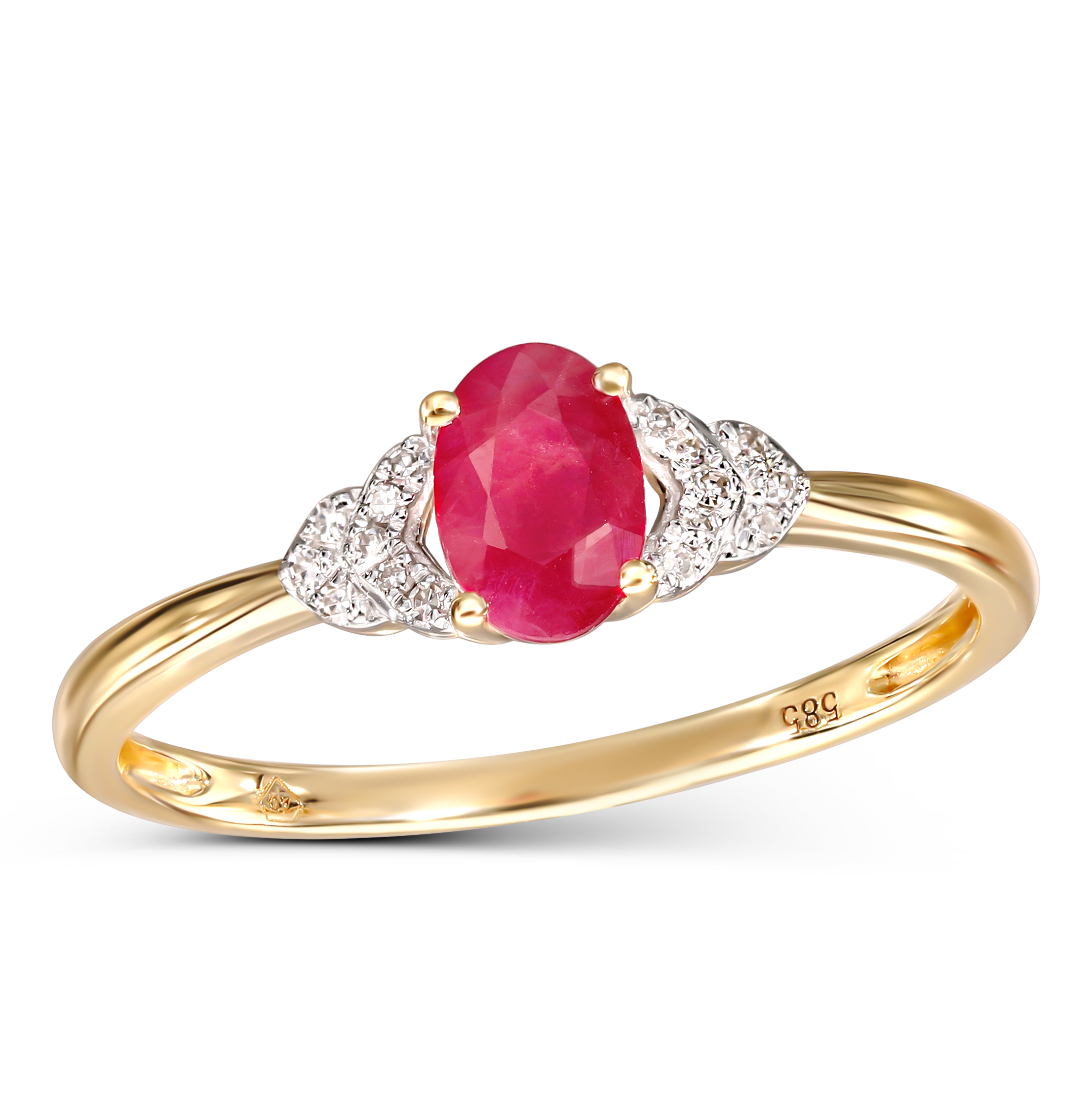 Pierścionek złoty z rubinem 0.51 ct i diamentami naturalnymi 0.04 ct, próba 585