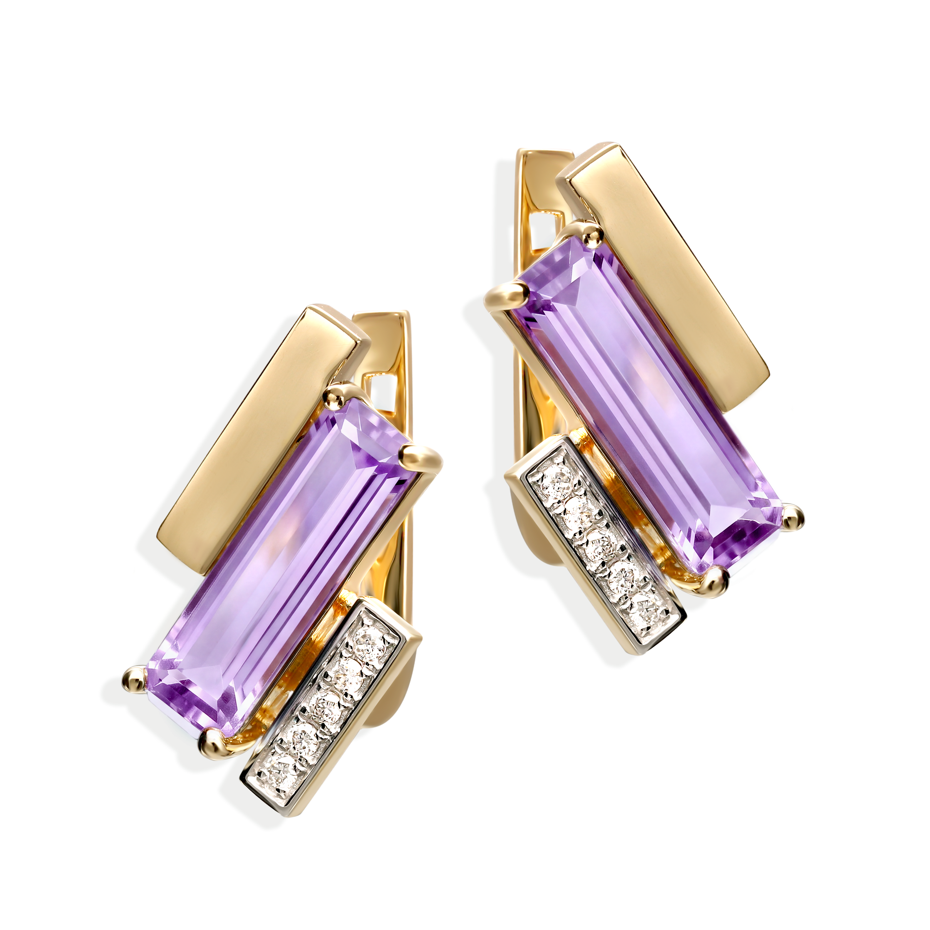 Kolczyki złote z ametystami 2.94 ct i diamentami naturalnymi 0.08 ct, próba 585
