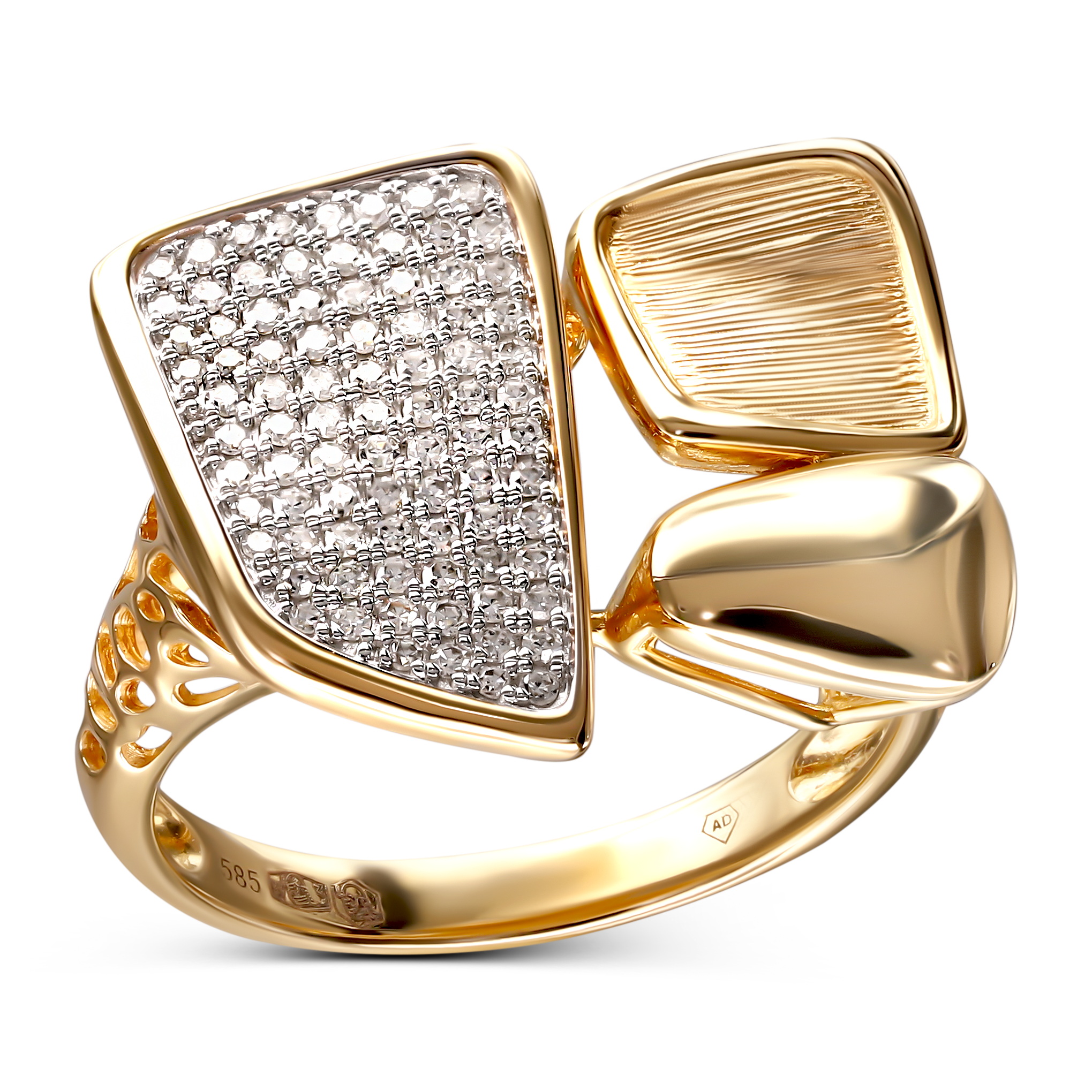 Designerski złoty pierścionek z 85 diamentami naturalnymi, próba 585