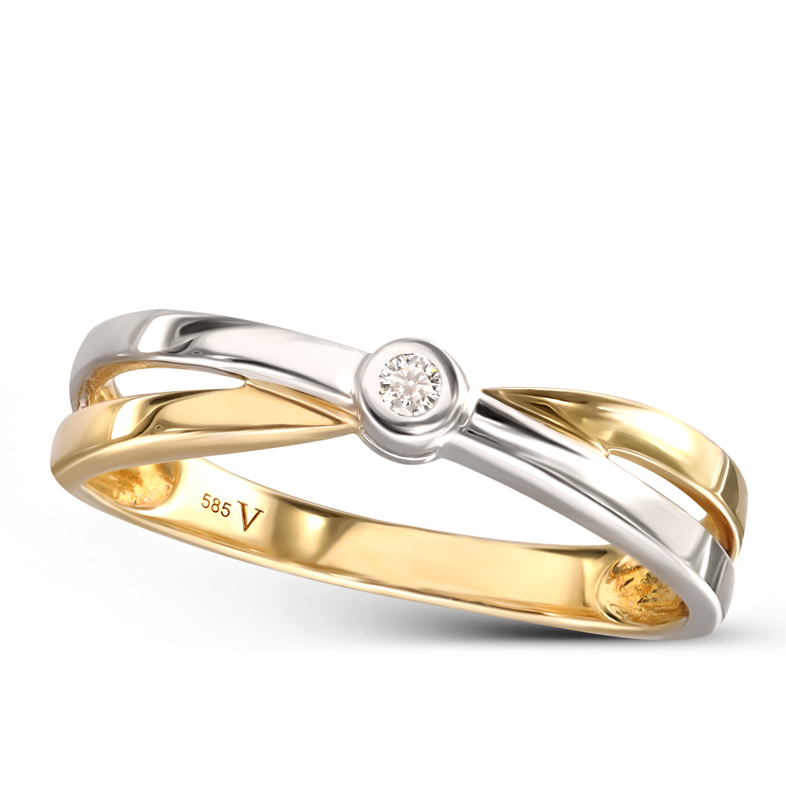 Dwukolorowy pierścionek złoty plecionka z diamentem naturalnym, próba 585