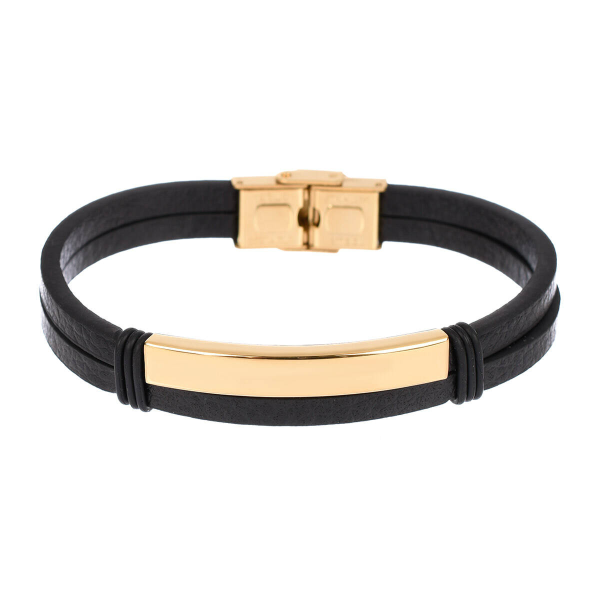 Skórzana męska bransoleta ze stalową blaszką w kolorze złotym