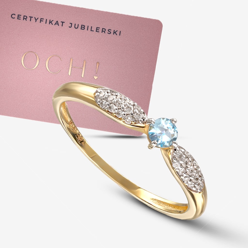 Pierścionek złoty z topazem i diamentami naturalnymi certyfikat jubilerski OCH!
