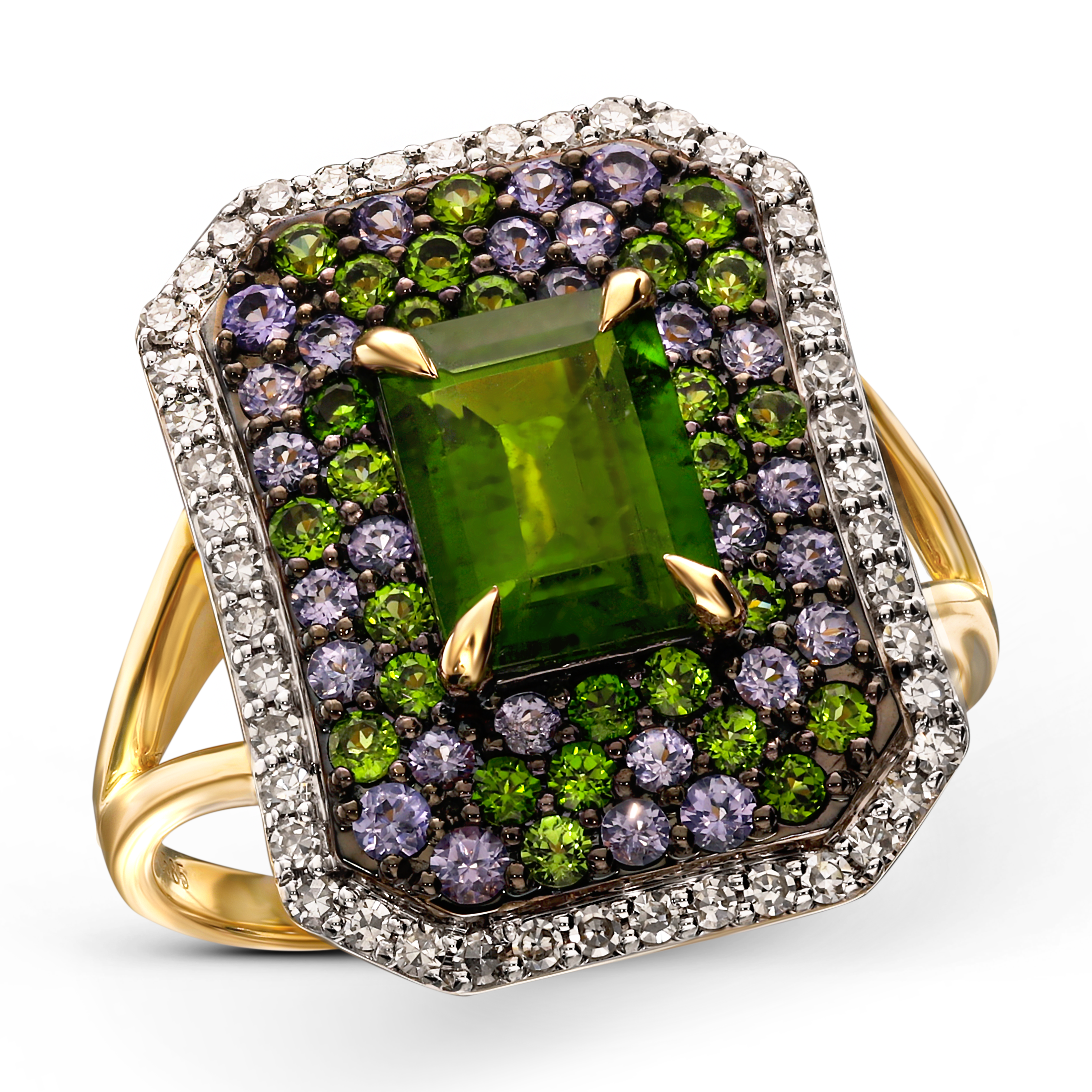 Zjawiskowy pierścionek złoty z tanzanitem, diopsydem chromowym i diamentami naturalnymi, próba 585