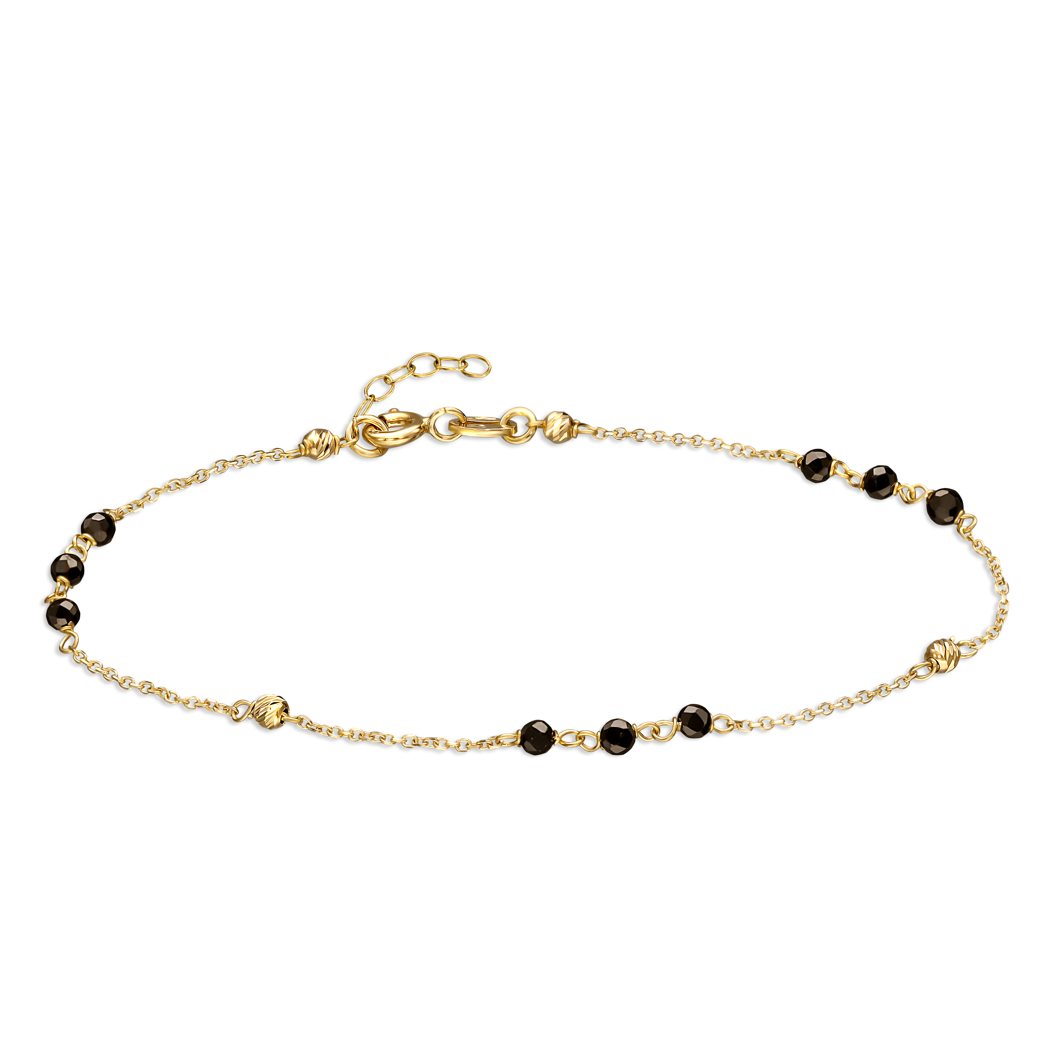 Bransoletka złota z grawerowanymi kuleczkami i czarnymi spinelami, próba 585