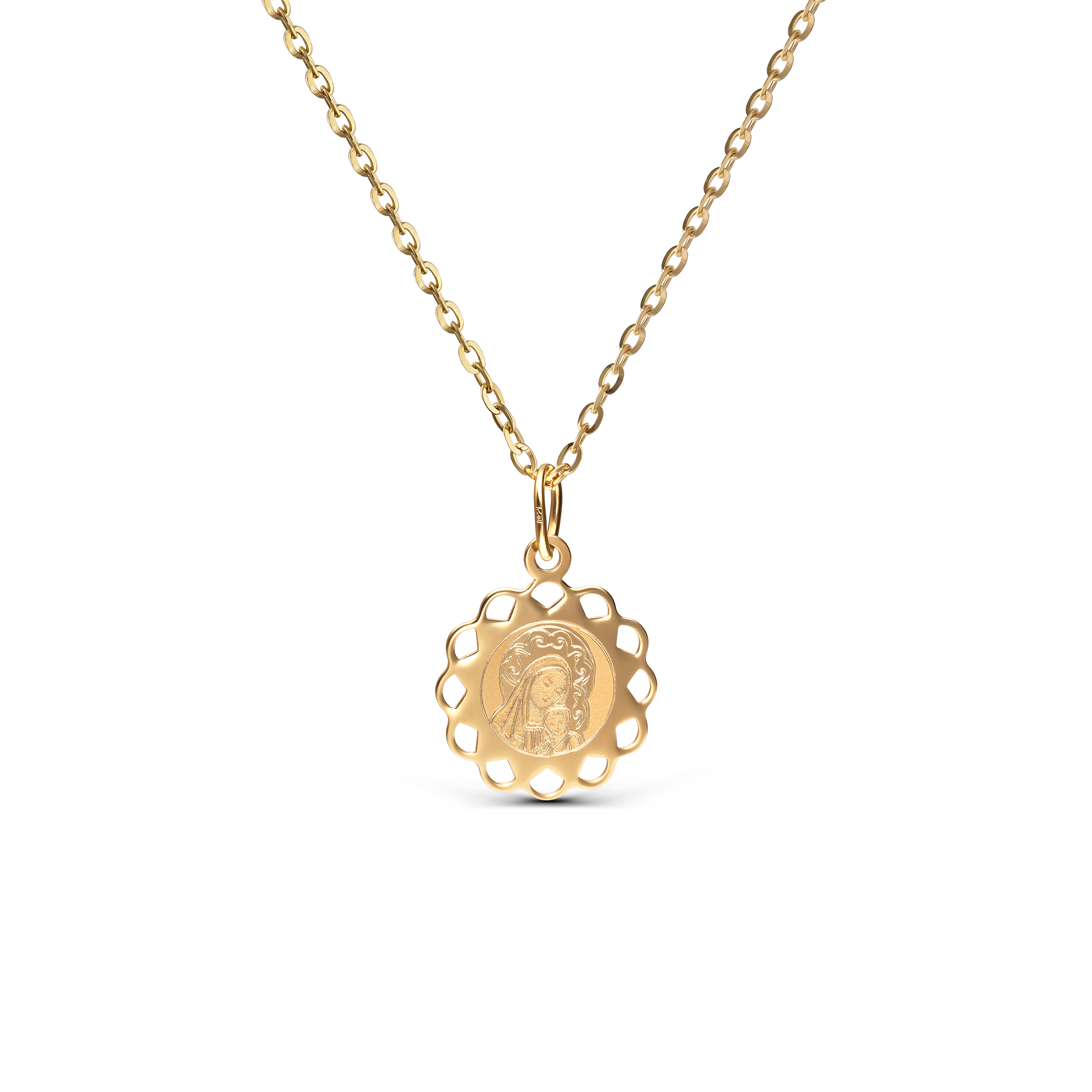 Okrągły medalik złoty z wizerunkiem Matki Boskiej z Dzieciątkiem, próba 585