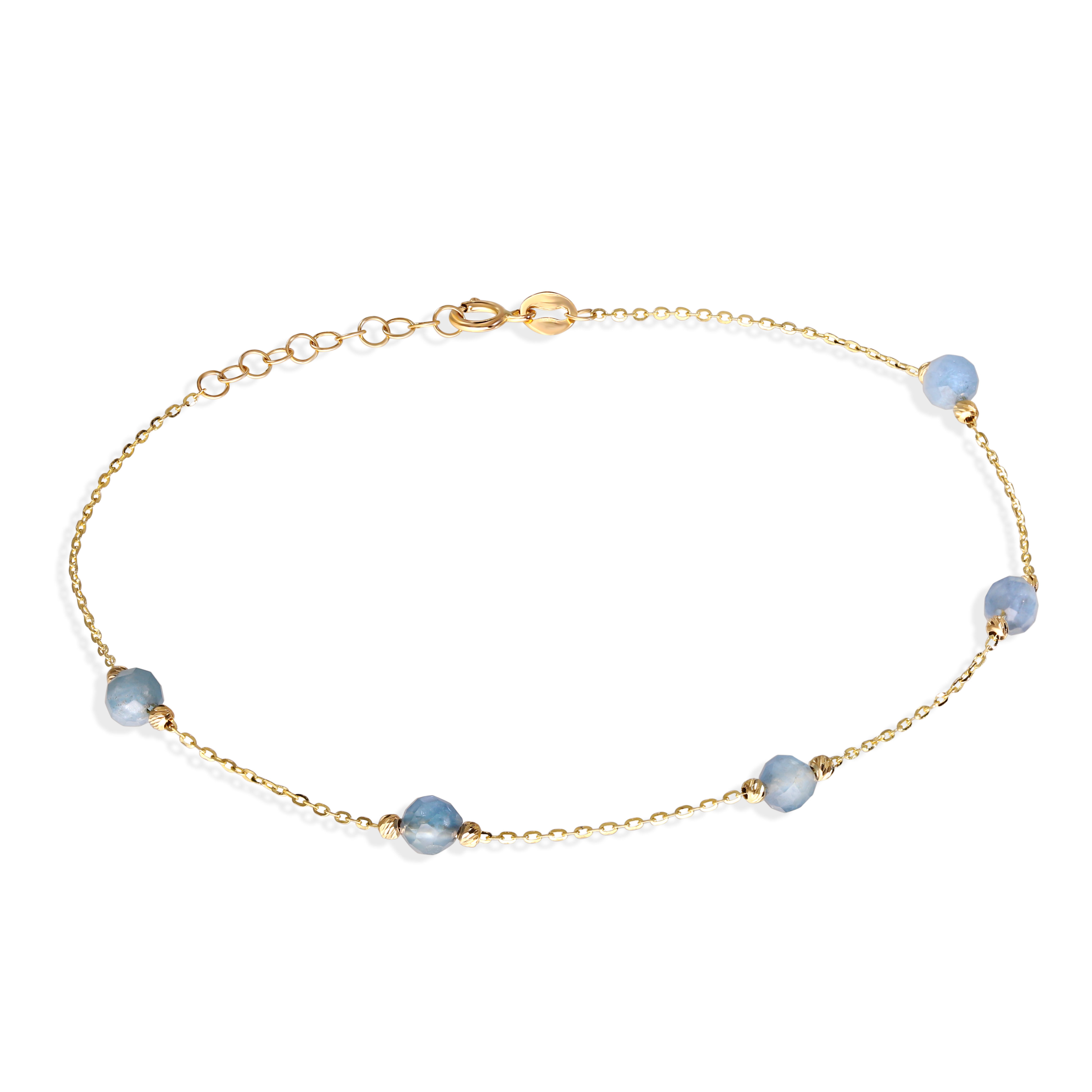 Bransoleta złota z 5 naturalnymy akwamarynami, próba 585