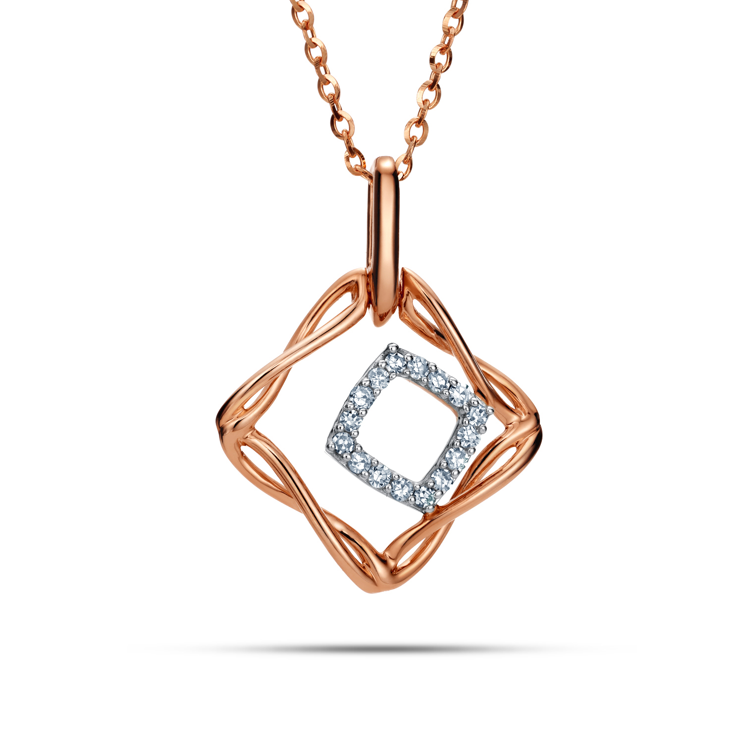 Kwadratowa ażurowa zawieszka z różowego złota z diamentami naturalnymi 0.05 ct, próba 585