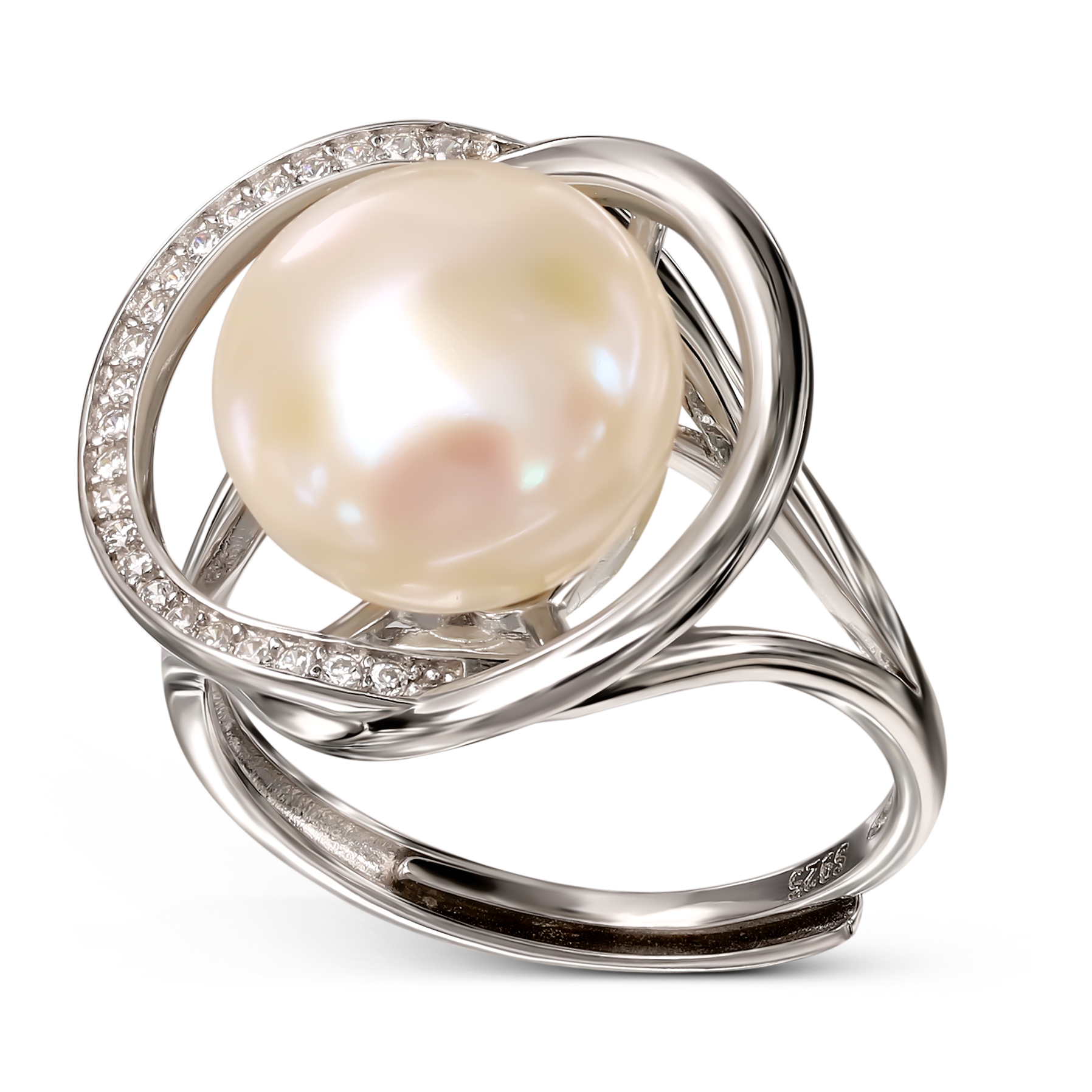 Pierścionek srebrny regulowany z perłą i cyrkoniami, próba 925