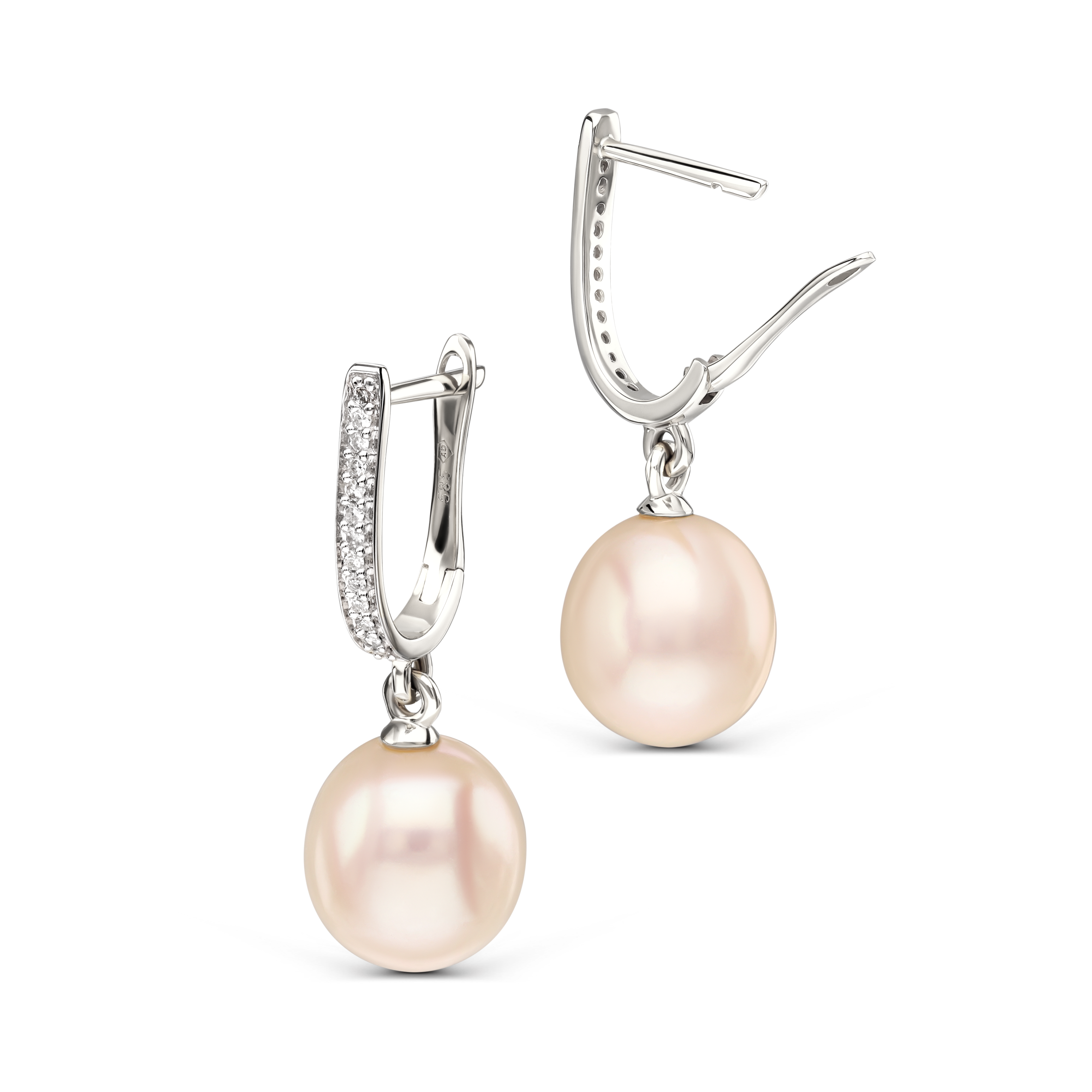 Kolczyki z białego złota z perłą hodowaną i diamentami naturalnymi, zapięcie angielskie, próba 585