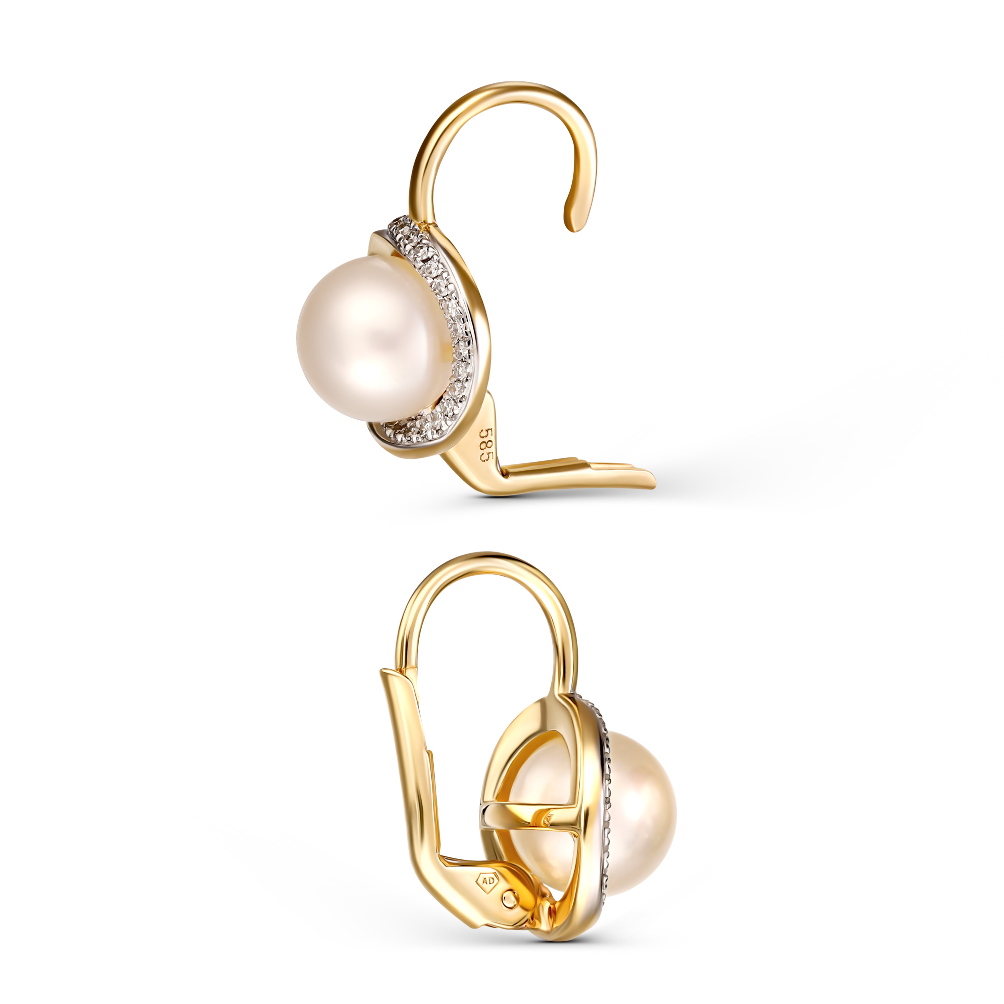 Kolczyki złote z perłami i diamentami naturalnymi, próba 585