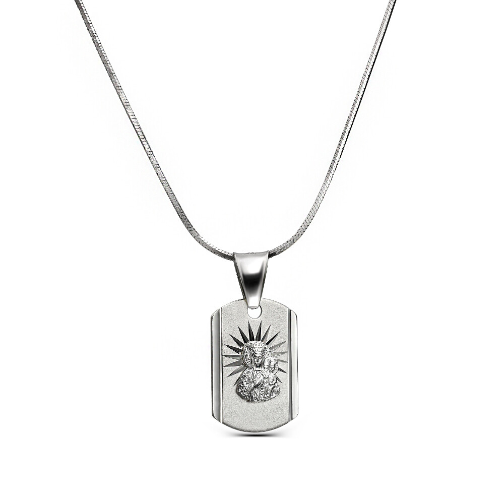 Srebrny prostokątny medalik z Matką Boską Częstochowską, próba 925