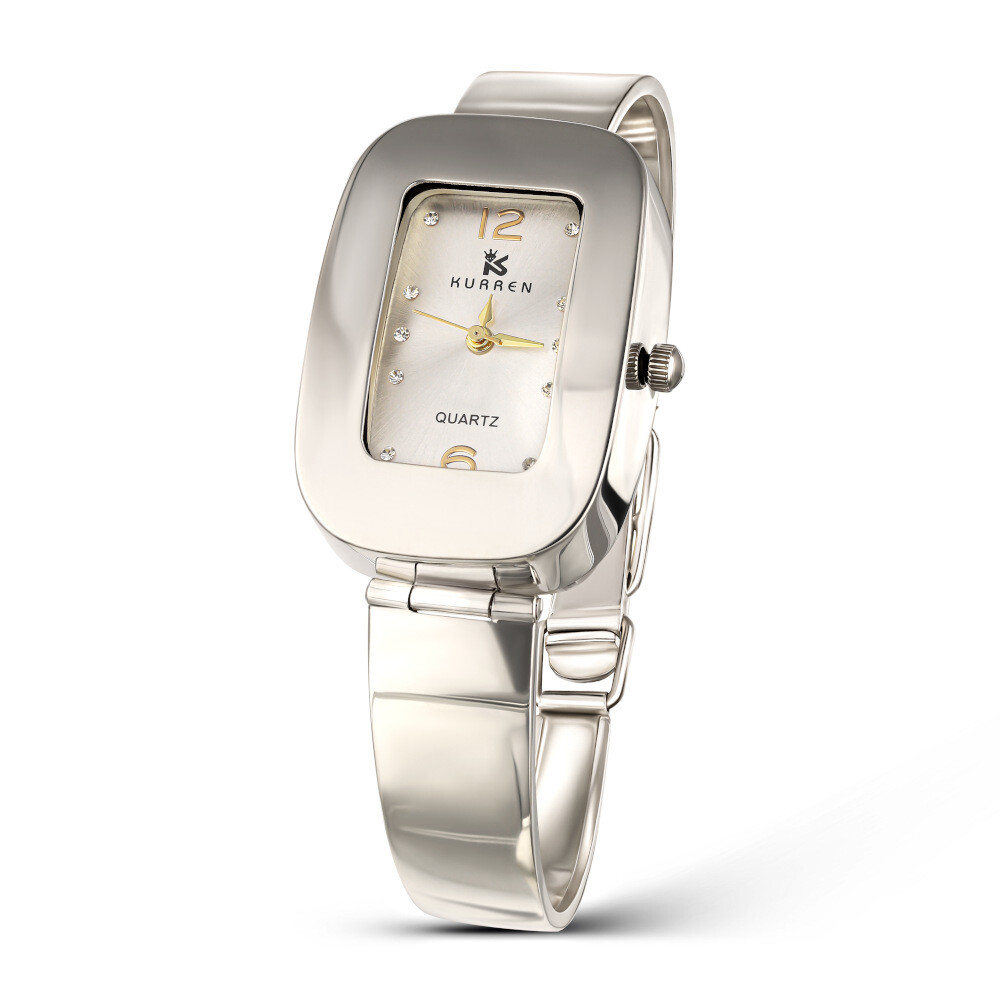 Zegarek srebrny z prostokątną kopertą i srebrną tarczą, próba 925