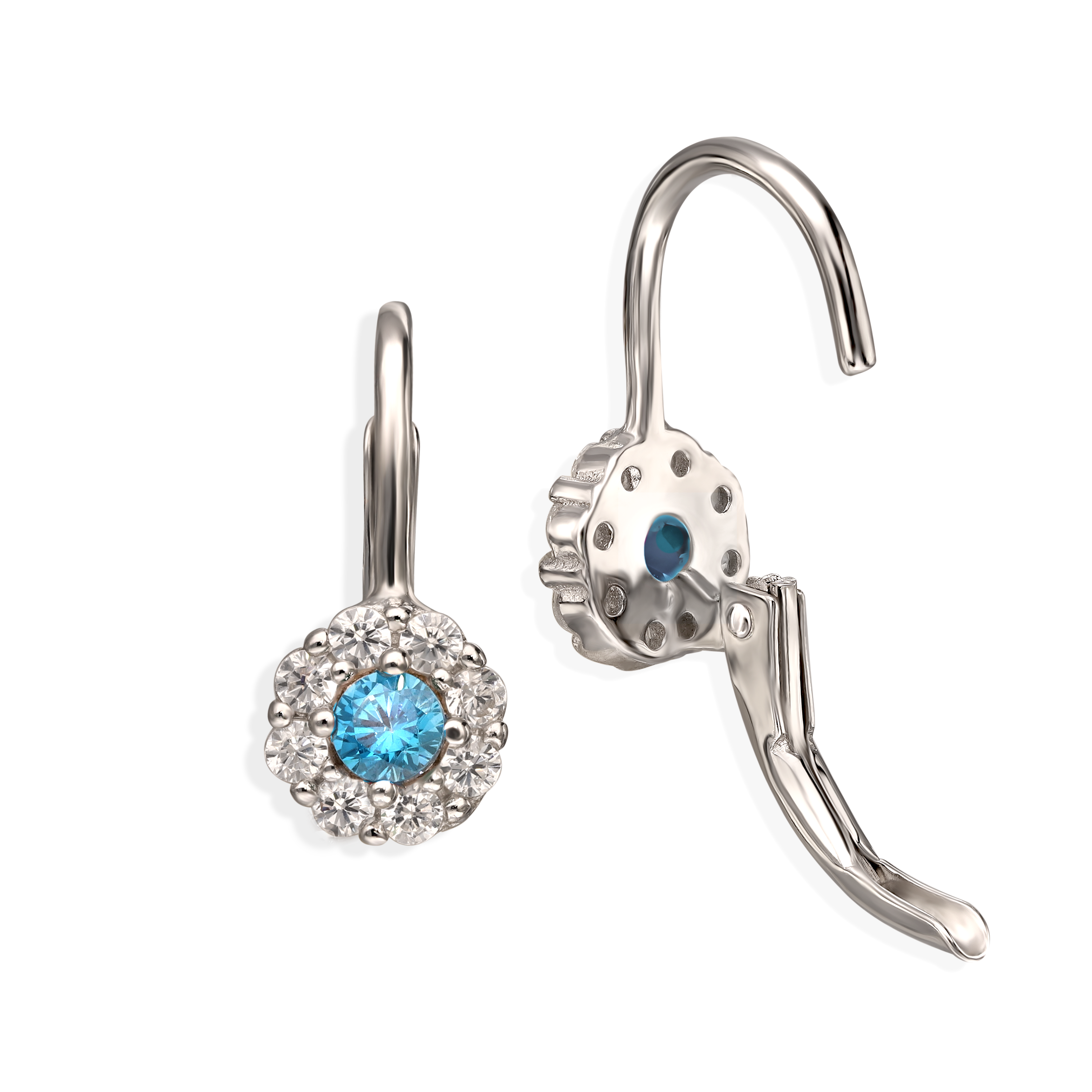 Kolczyki srebrne z białymi i błękitną cyrkonią, próba 925