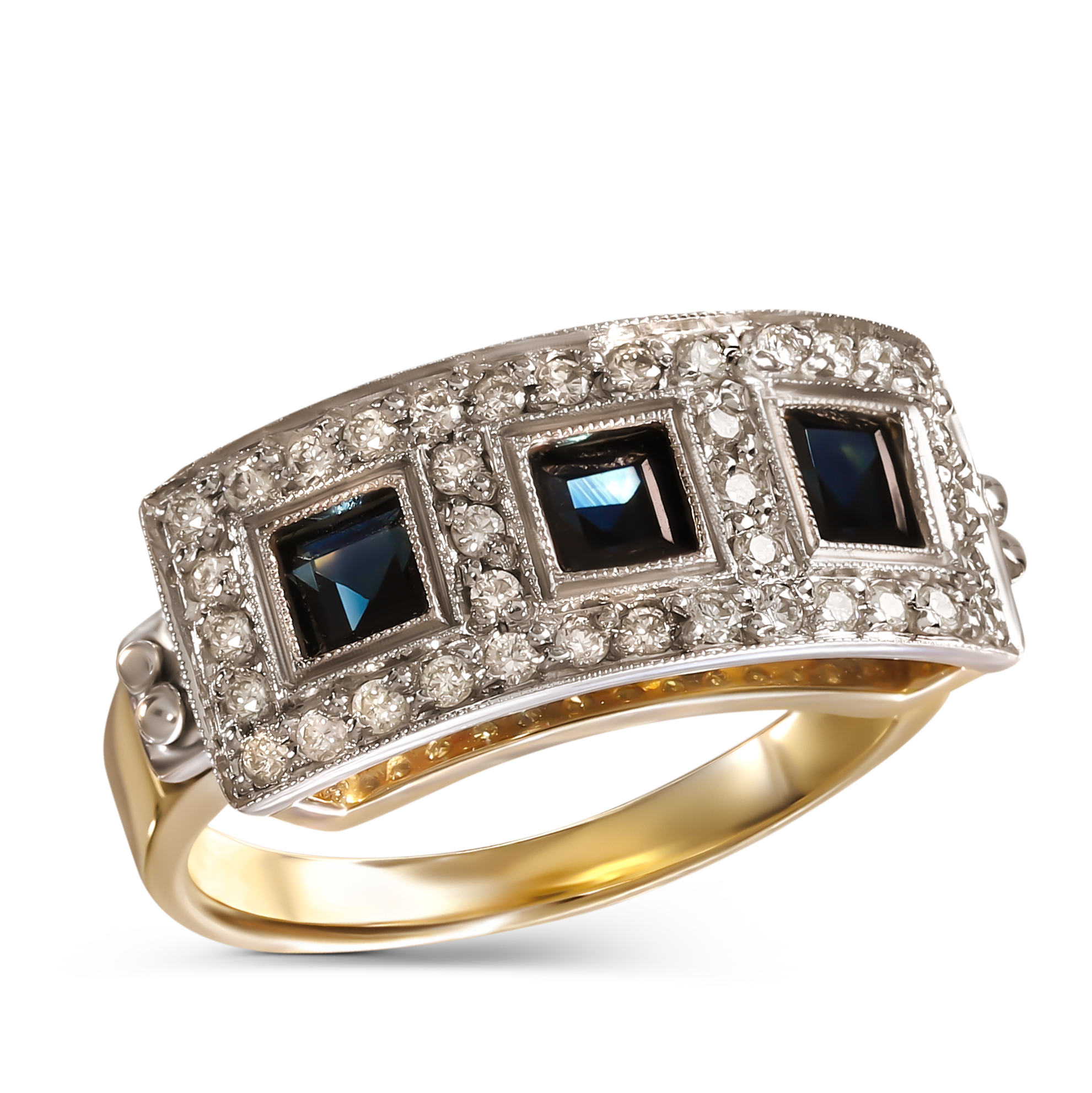 Pierścionek złoty vintage z szafirami 1.49 ct i diamentami naturalnymi, rozmiar 15, próba 585