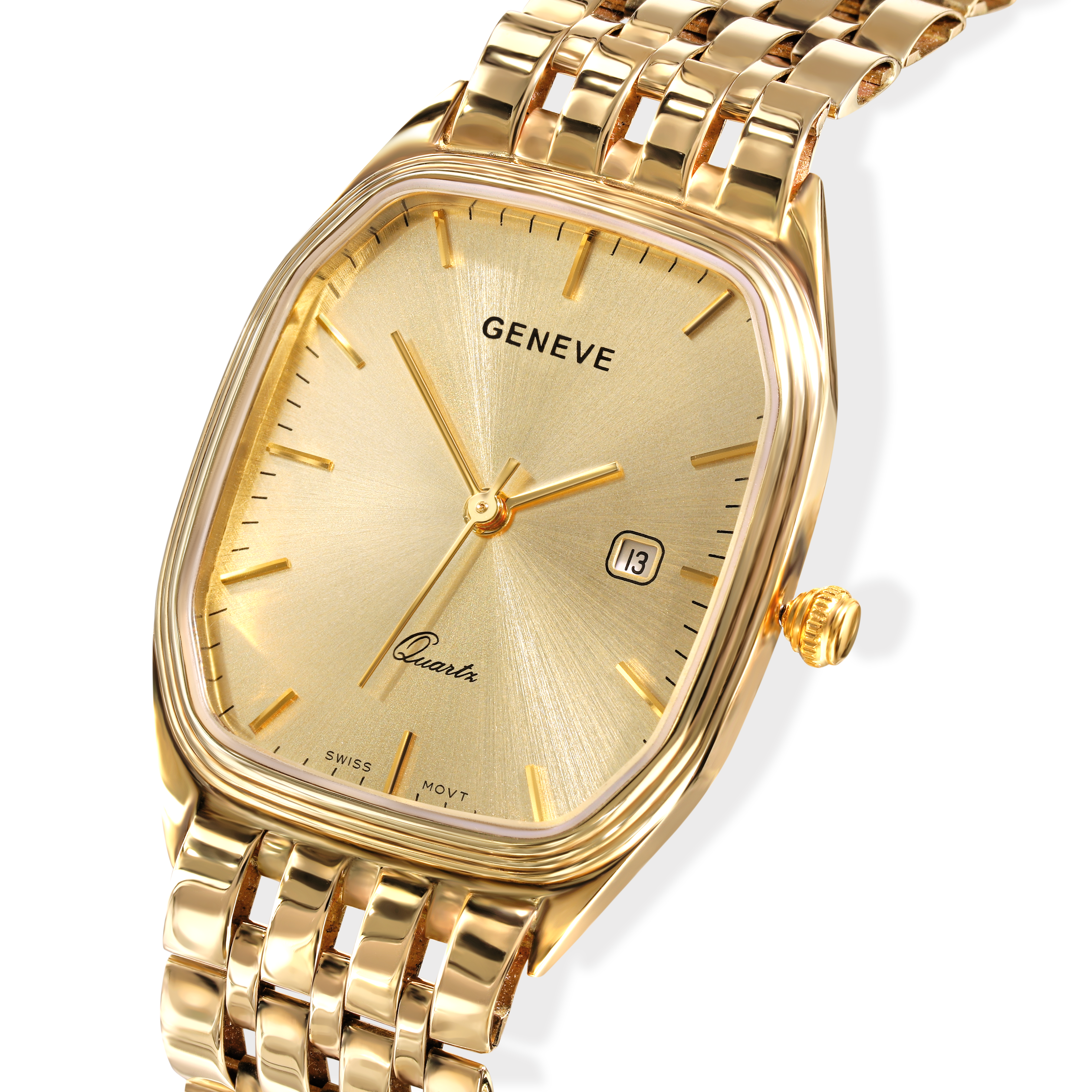 Złoty zegarek unisex GENEVE ze złotą prostokątną tarczą, próba 585