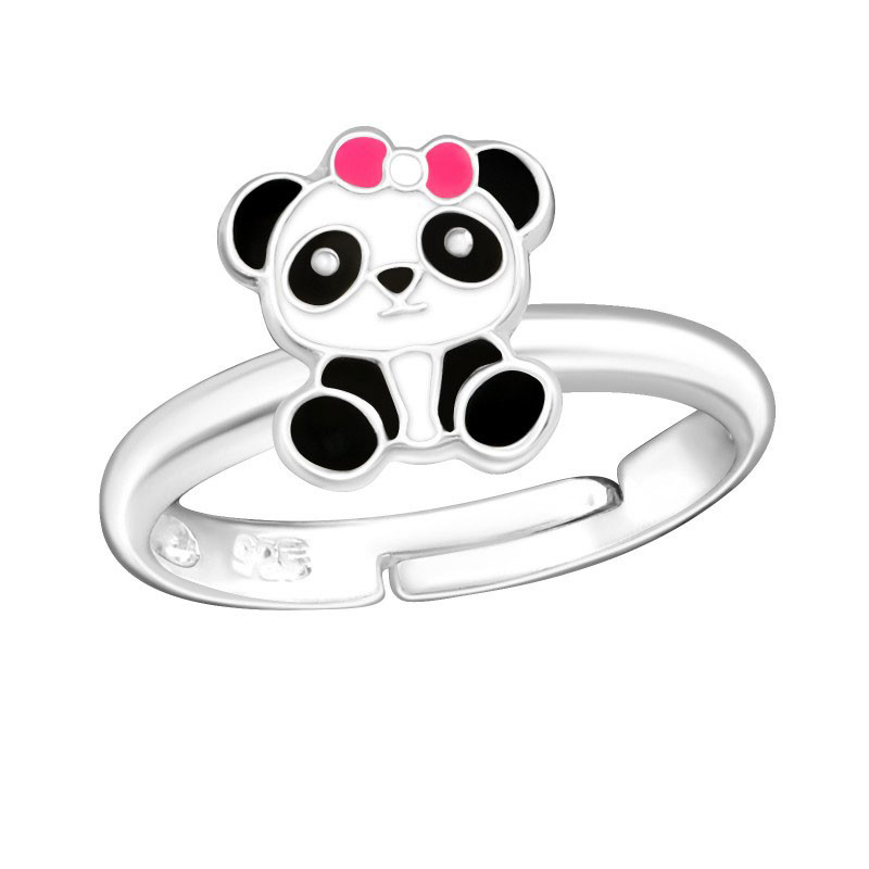 Pierścionek srebrny dla dziewczynki panda, regulowany rozmiar, próba 925