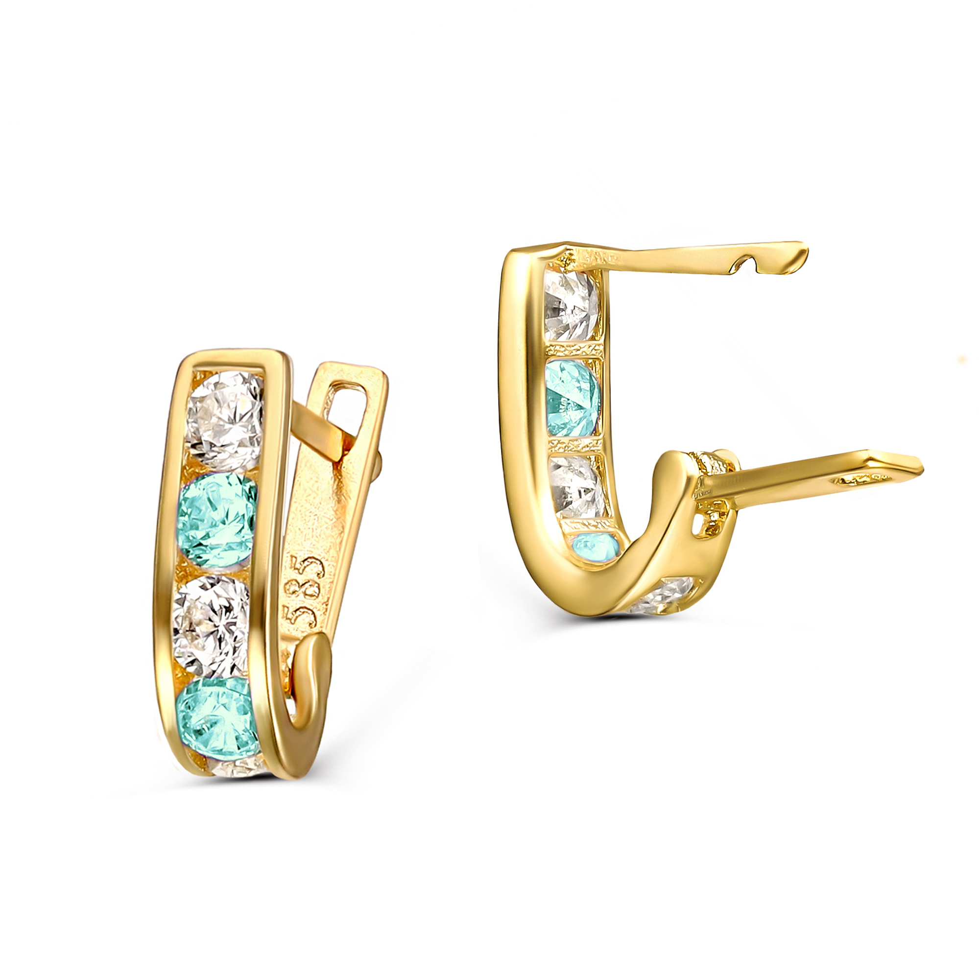 Małe kolczyki złote przecinki z białymi i turkusowymi cyrkoniami, próba 585