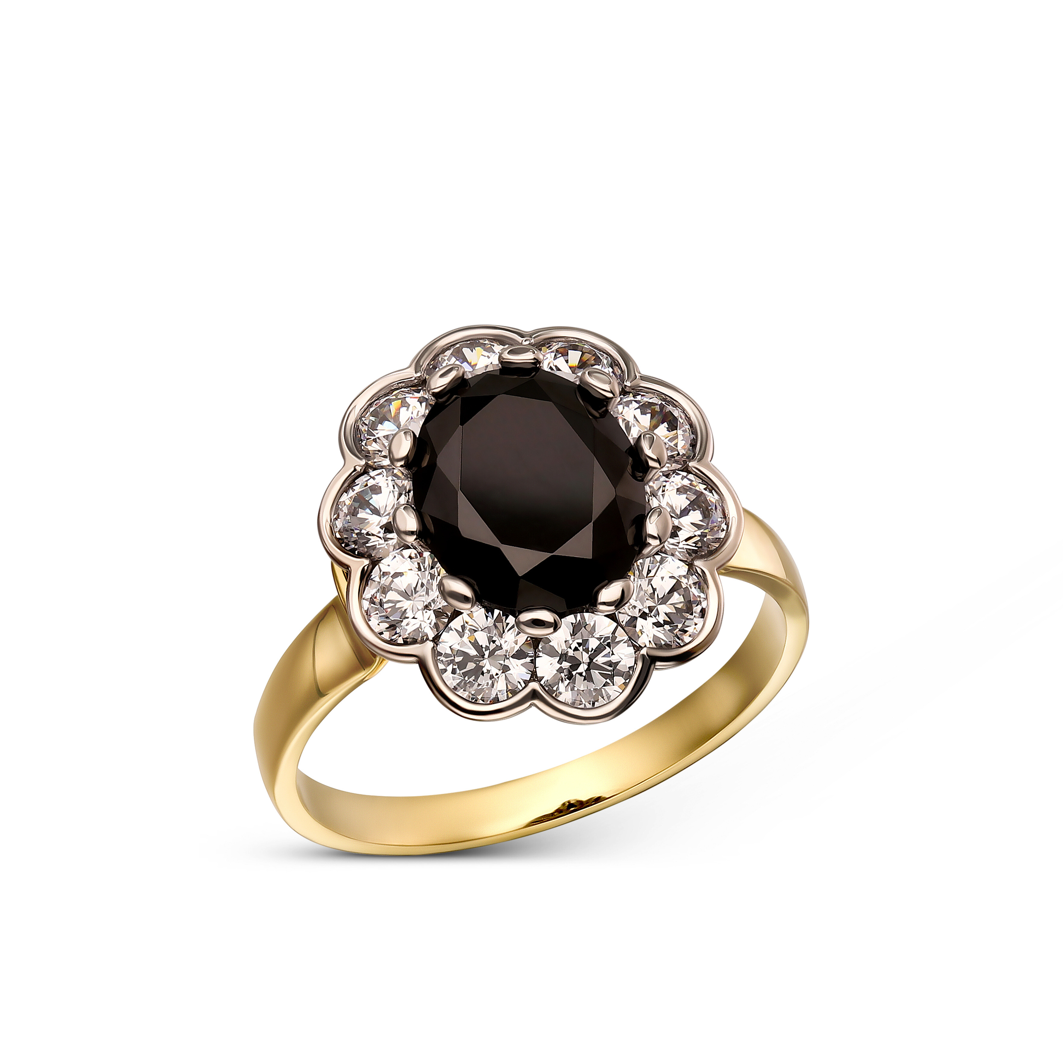 Duży pierścionek złoty z czarną i białymi cyrkoniami, rozmiar 19, próba 585
