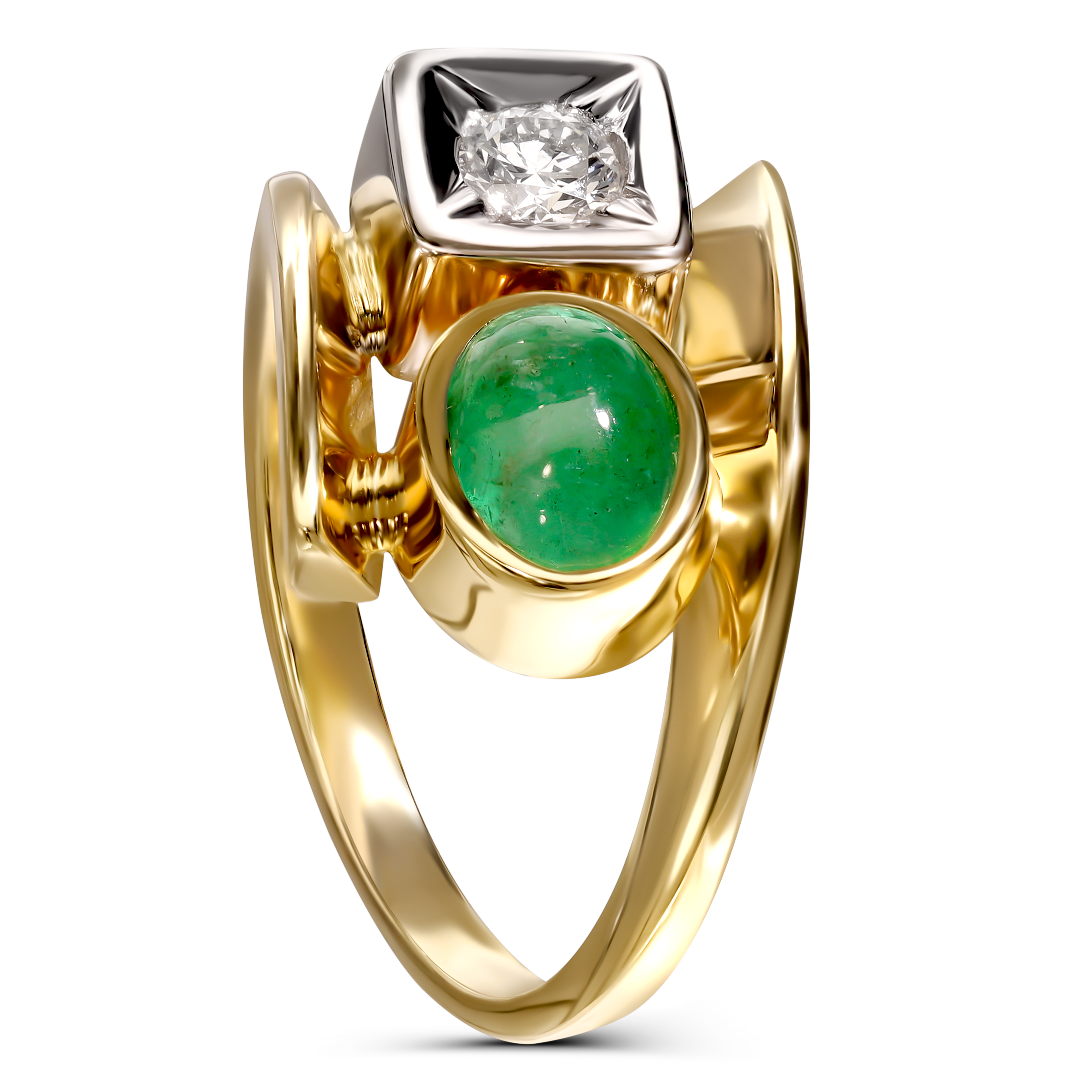 Pierścionek złoty vintage ze szmaragdem i diamentem naturalnym 0,27 ct, próba 585