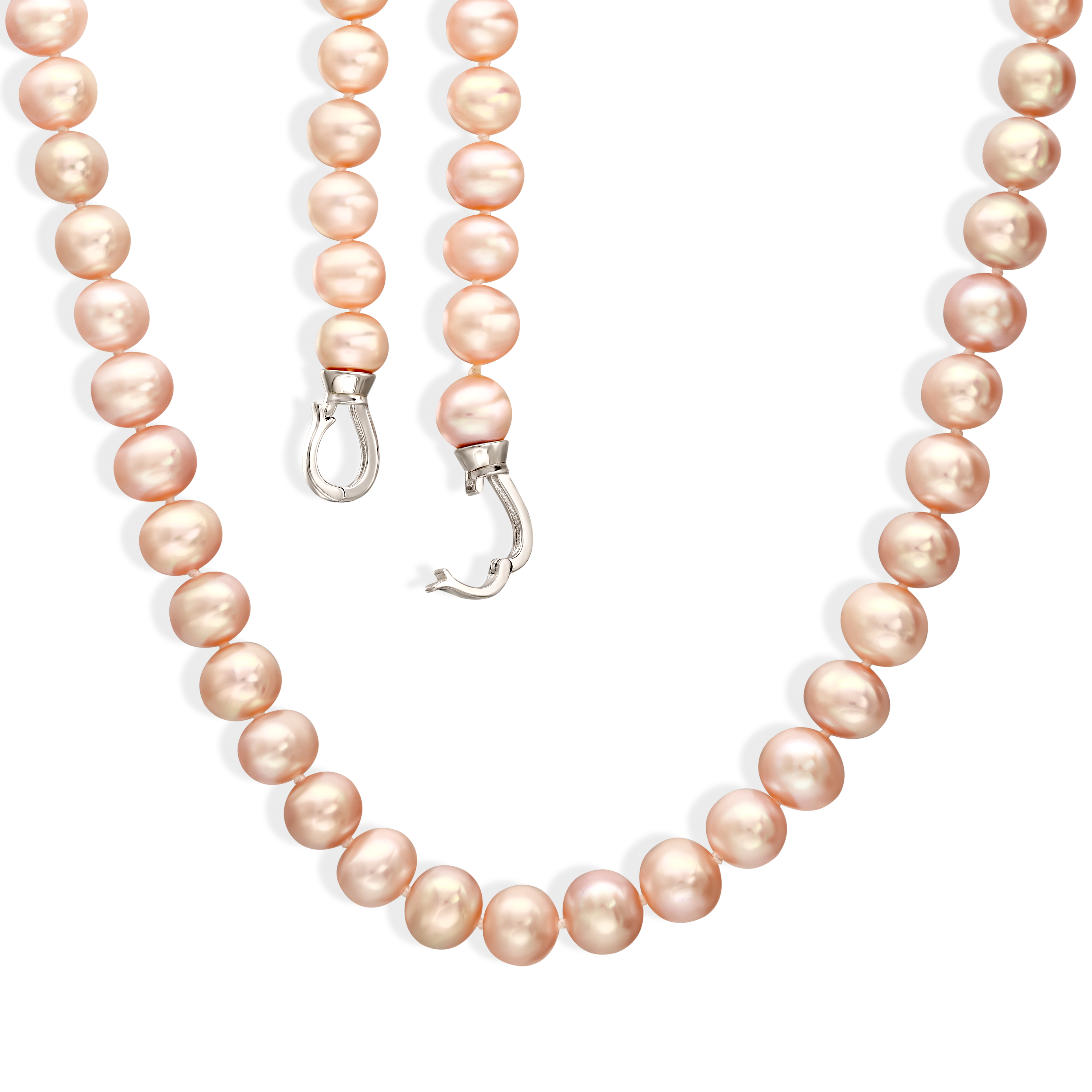 Naszyjnik z różowych pereł hodowanych i ozdobnym srebrnym zapięciem, próba 925