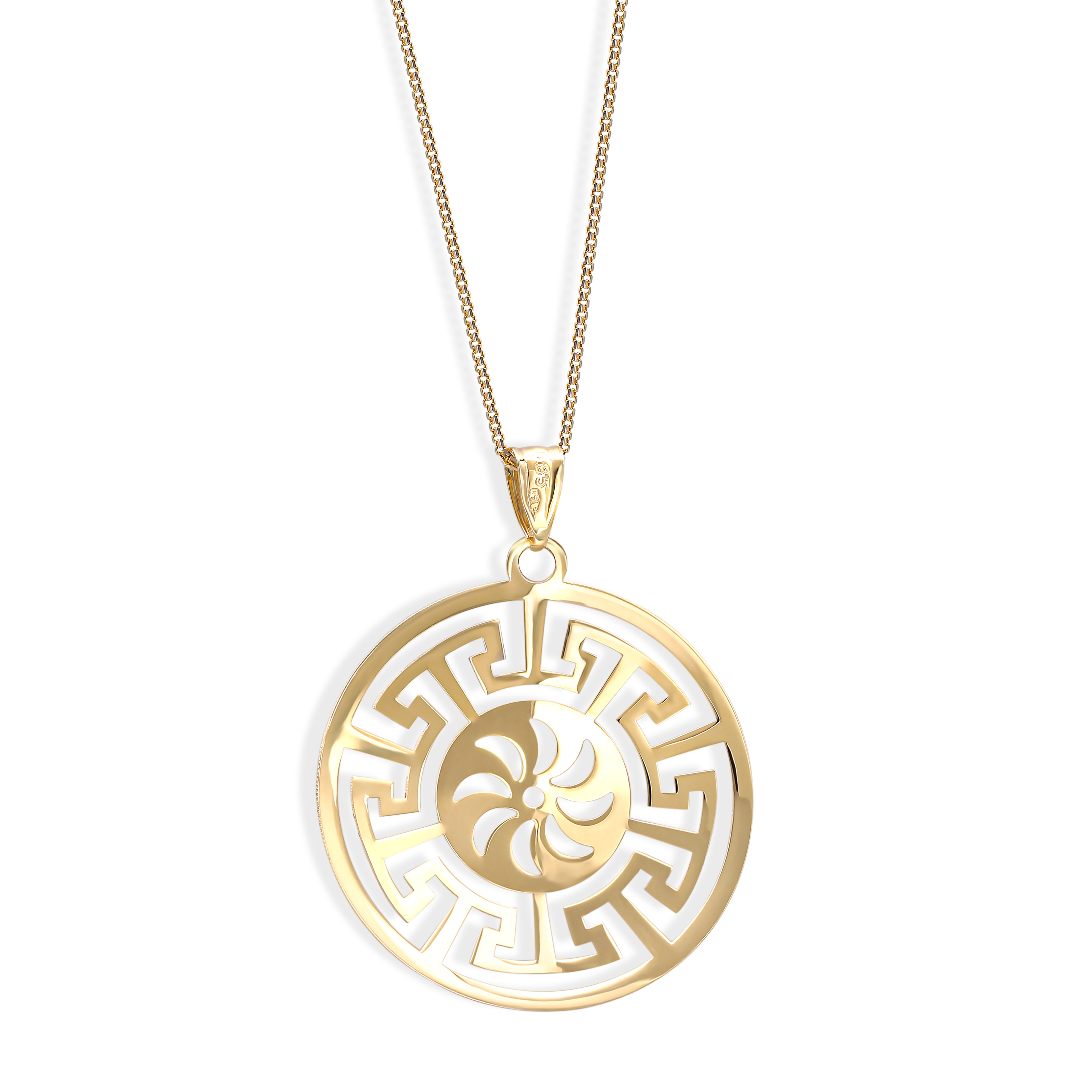 Okrągła złota zawieszka z azurowym greckim wzorem, próba 585