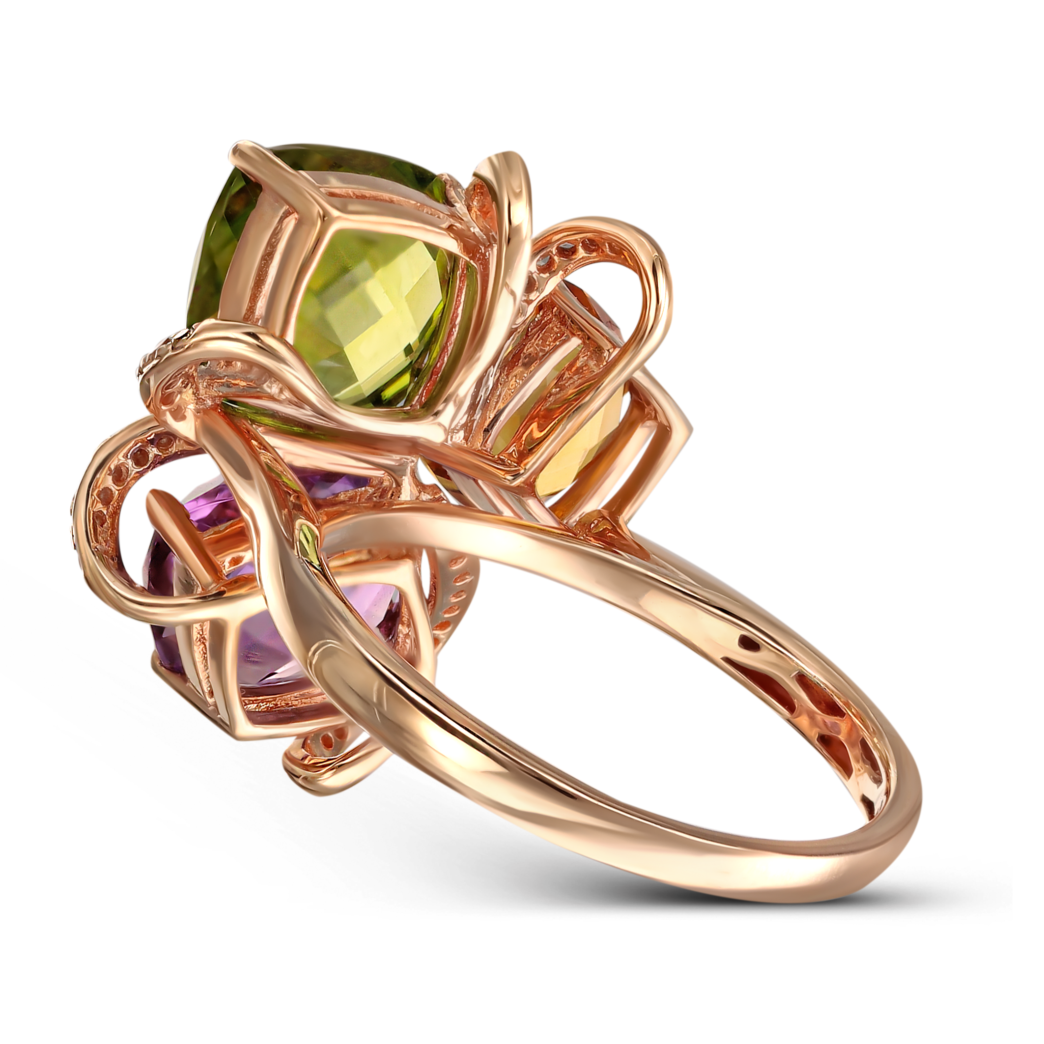 Pierścionek z ametystem, cytrynem i oliwinem, próba 585