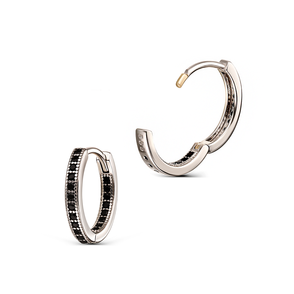 Kolczyki złote kółeczka unisex rodowane z czarnymi cyrkoniami, próba 585