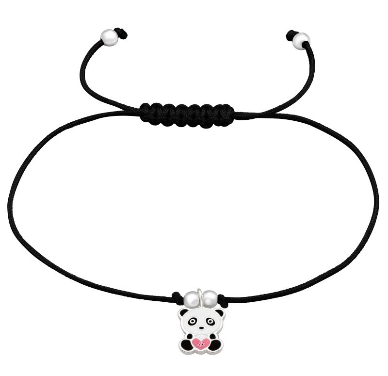 Bransoletka dla dziewczynki na czarnym sznureczku z pandą, próba 925