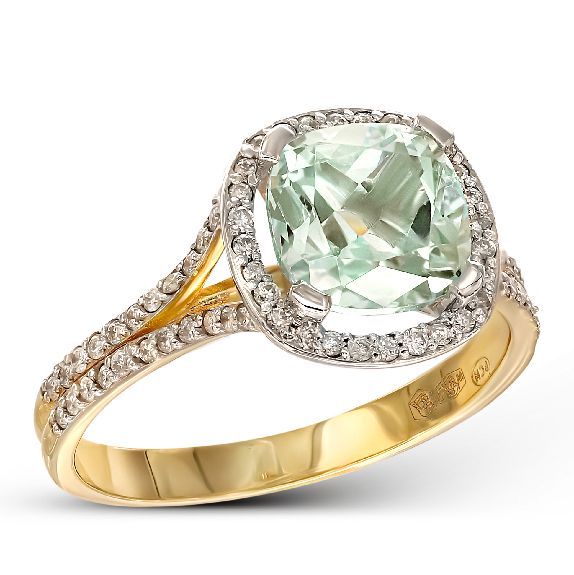 Pierścionek złoty z kwarcem zielonym i diamentami naturalnymi 0.47 ct, próba 585