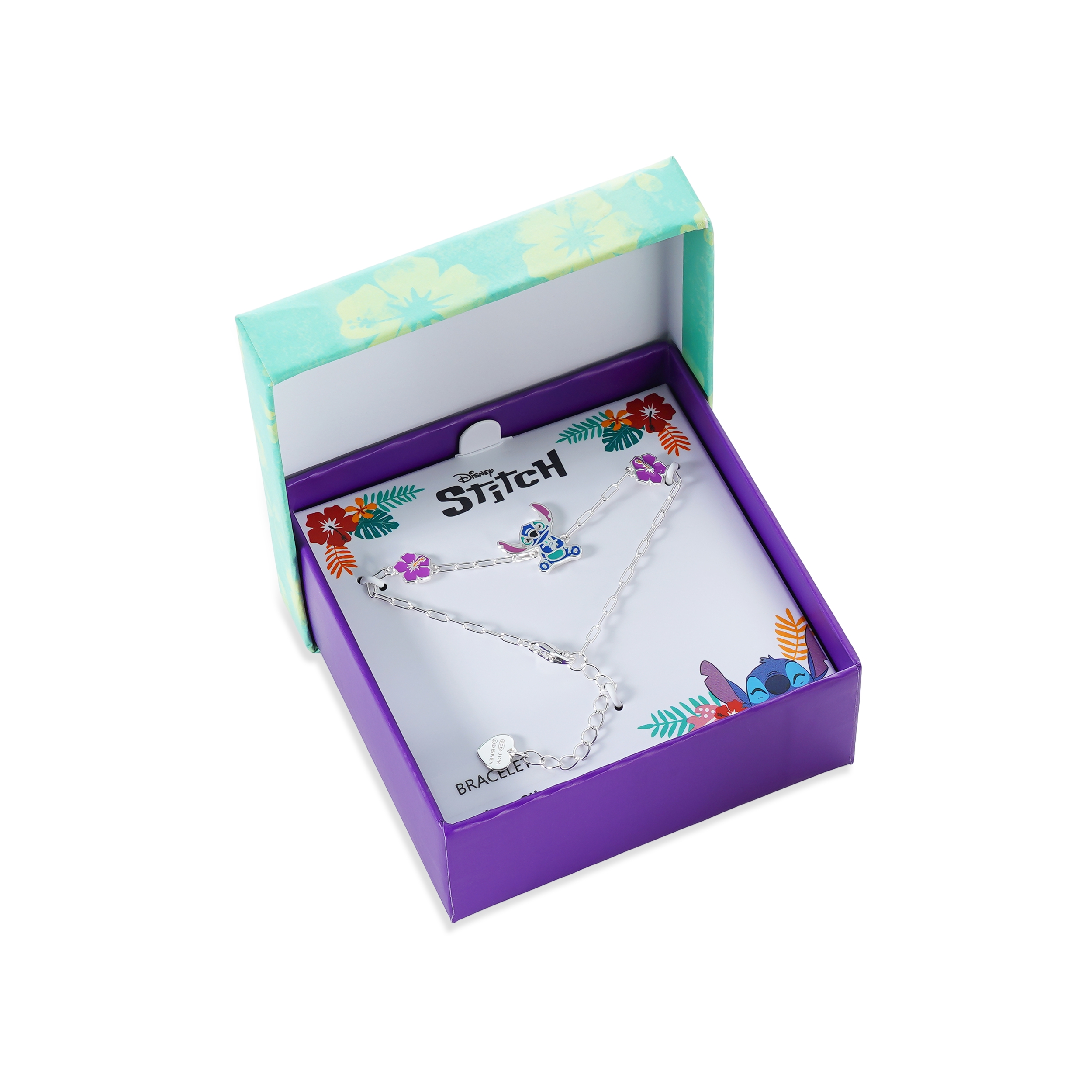 Srebrna bransoletka Stitch z kwiatami hibiskusa, próba 925