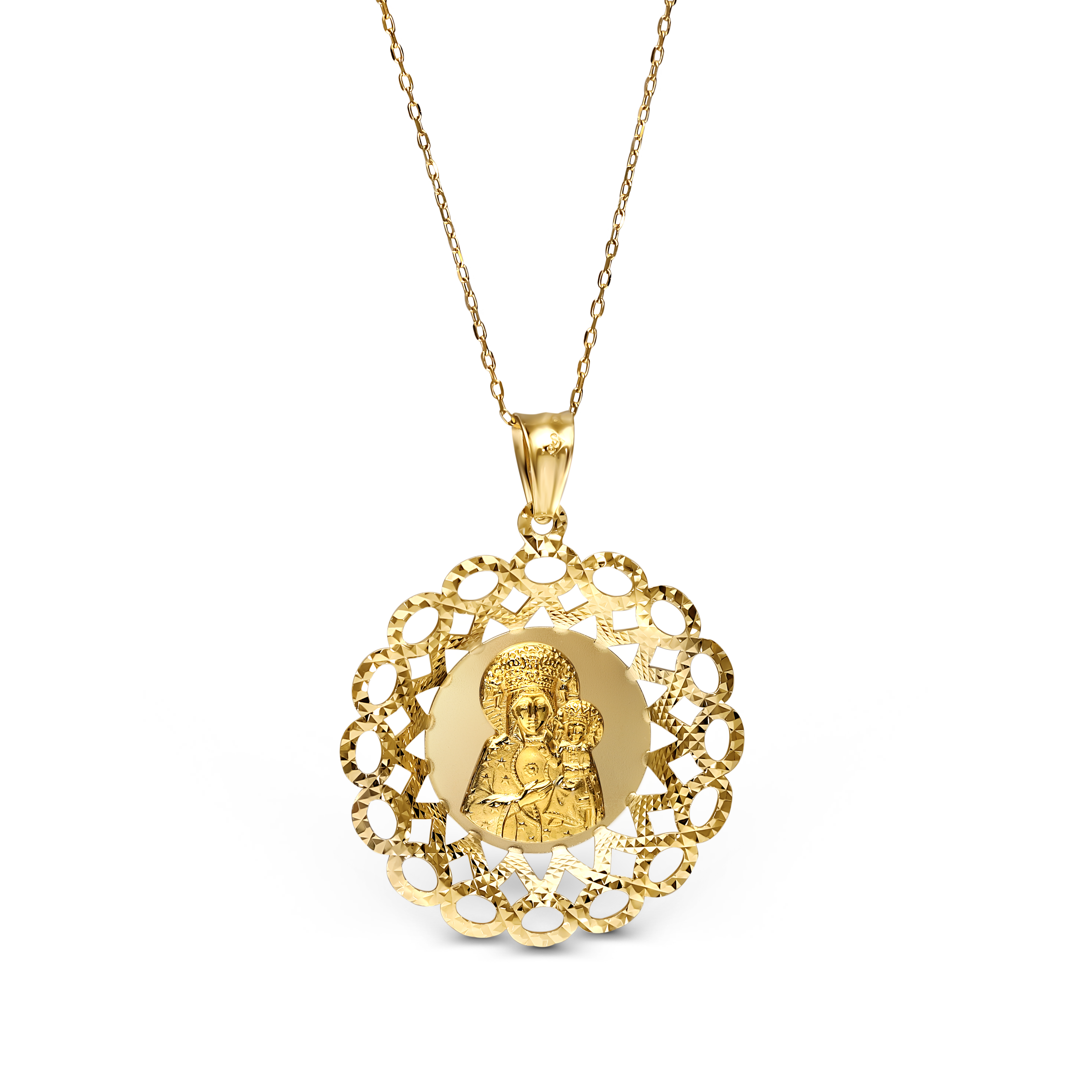 Duży medalik złoty okrągły z wizerunkiem Matki Boskiej Częstochowskiej, próba 585