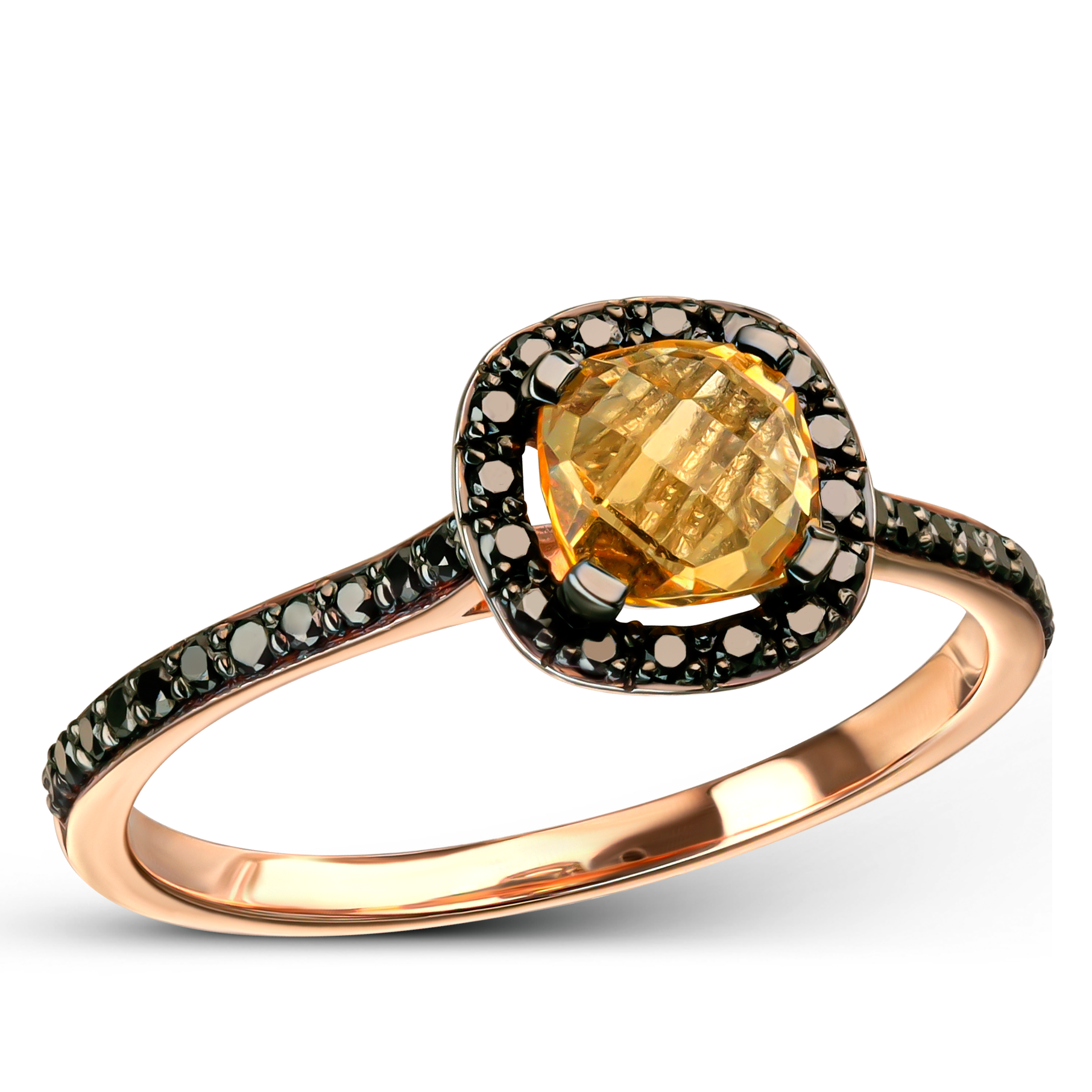 Unikatowy pierścionek z różowego złota, cytrynem i czarnymi diamentami naturalnymi, próba 585
