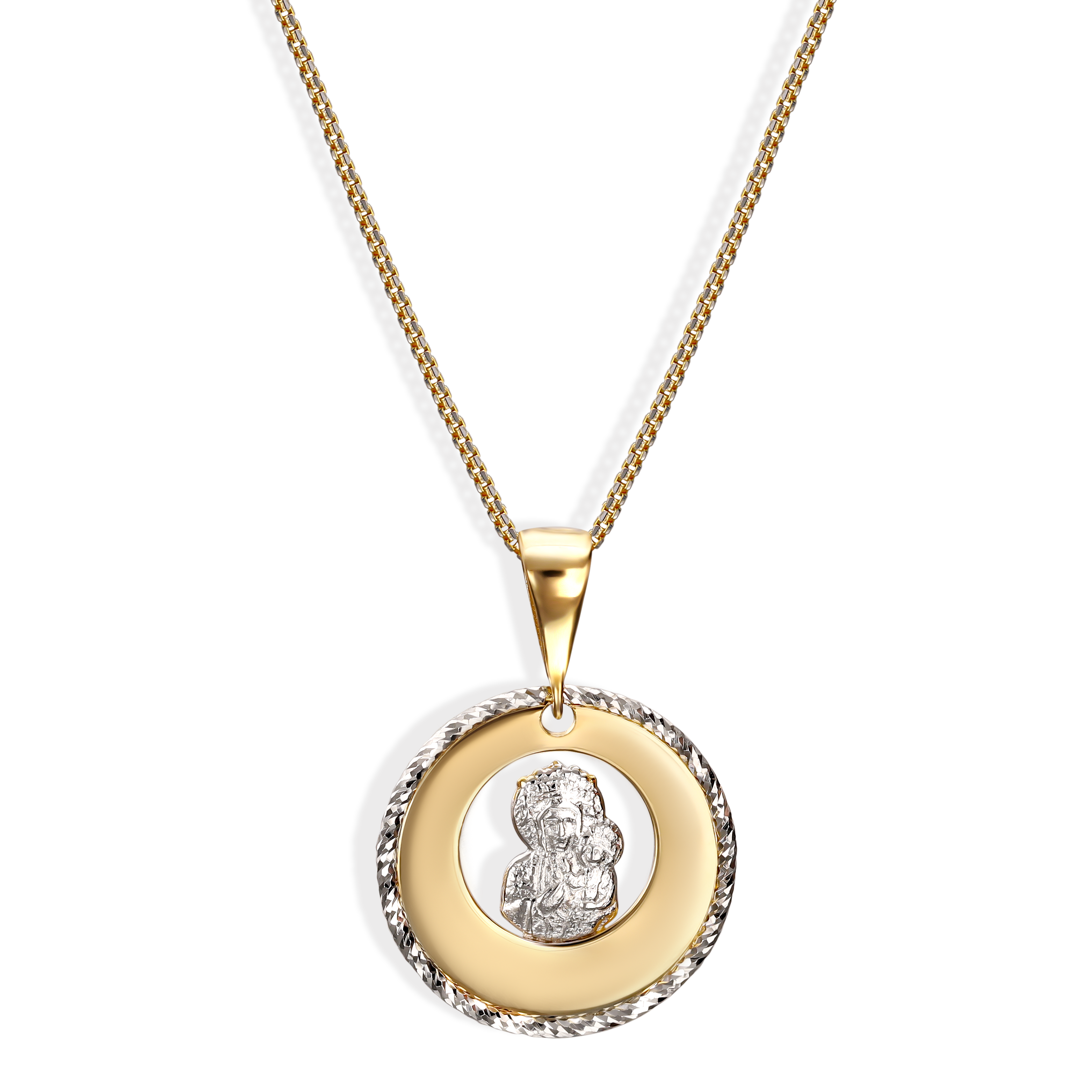 Złoty medalik okrągły z Matką Boską Częstochowską, żółto-białe złoto, próba 585