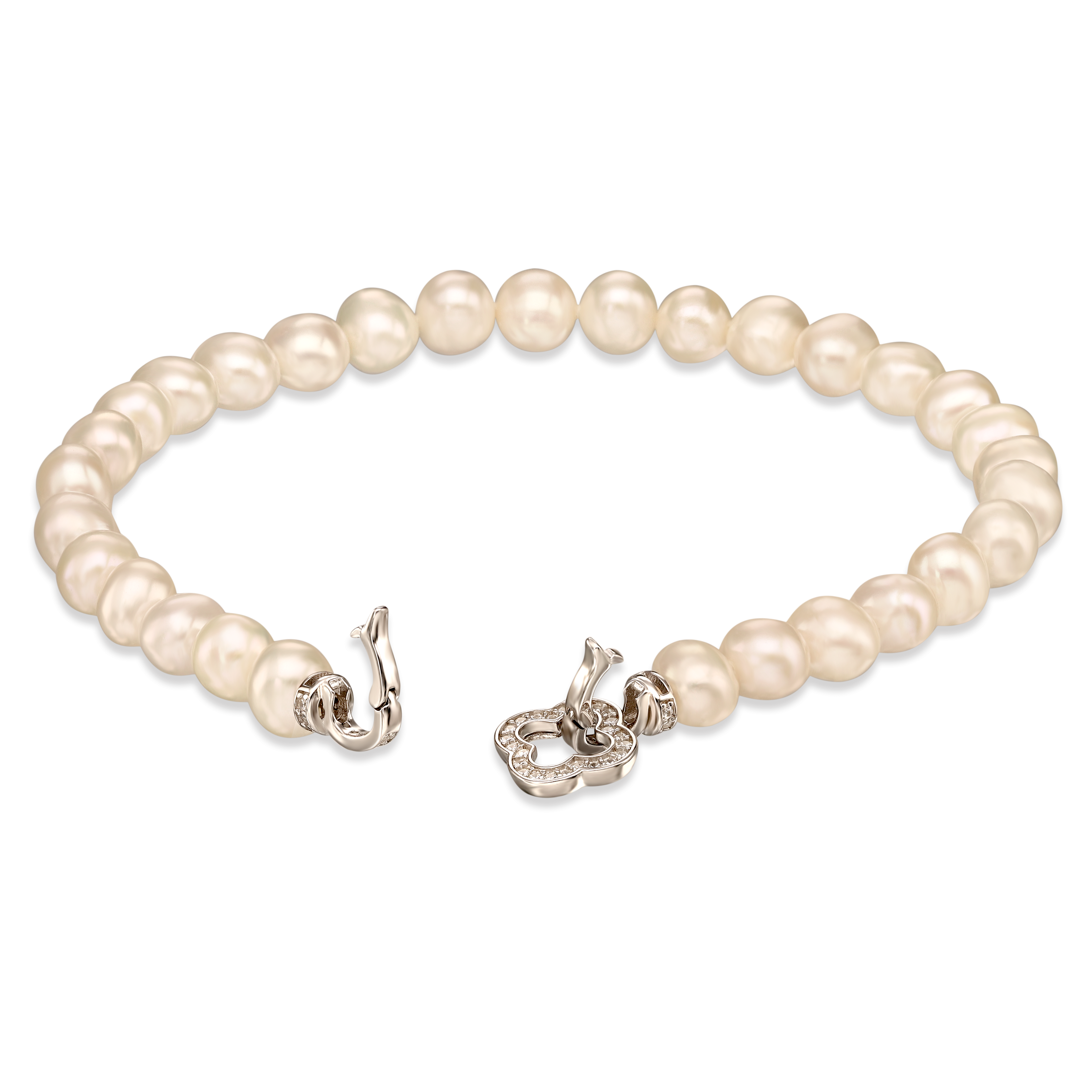 Bransoleta z białych pereł ze srebrnym zapięciem z cyrkoniami, próba 925