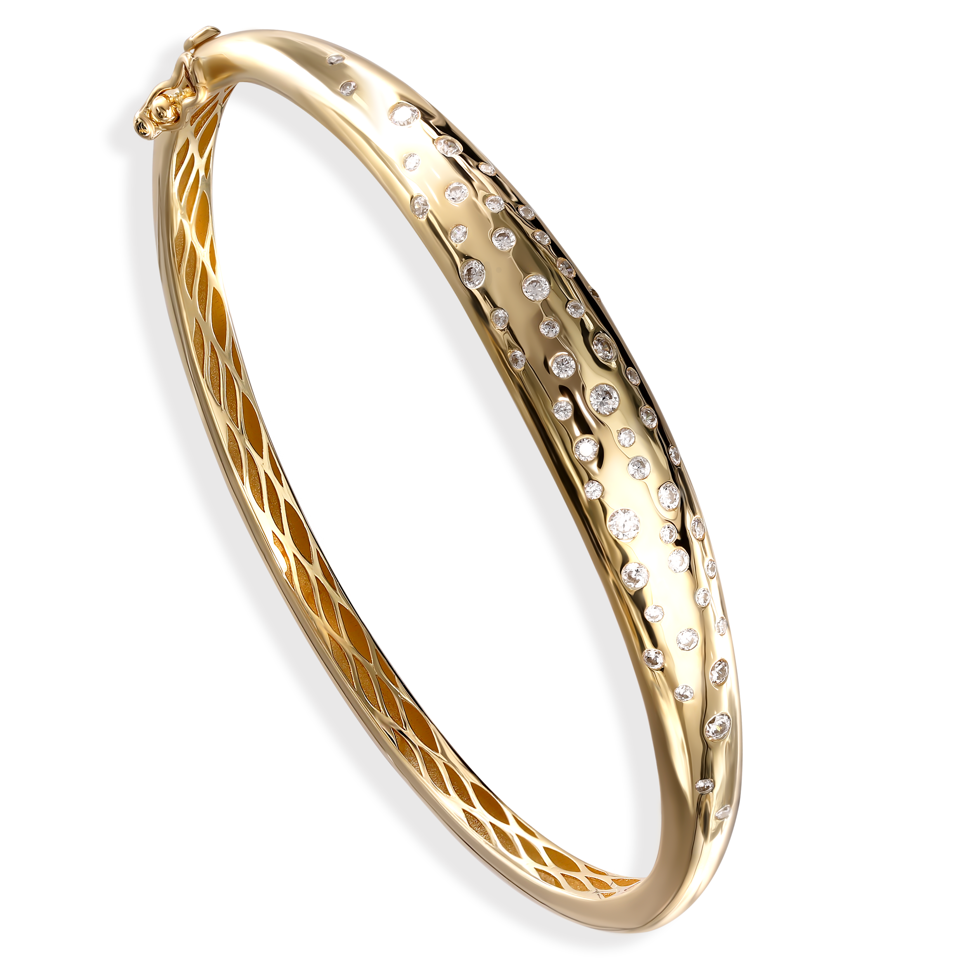 Złota sztywna bransoleta bangle z cyrkoniami, próba 585