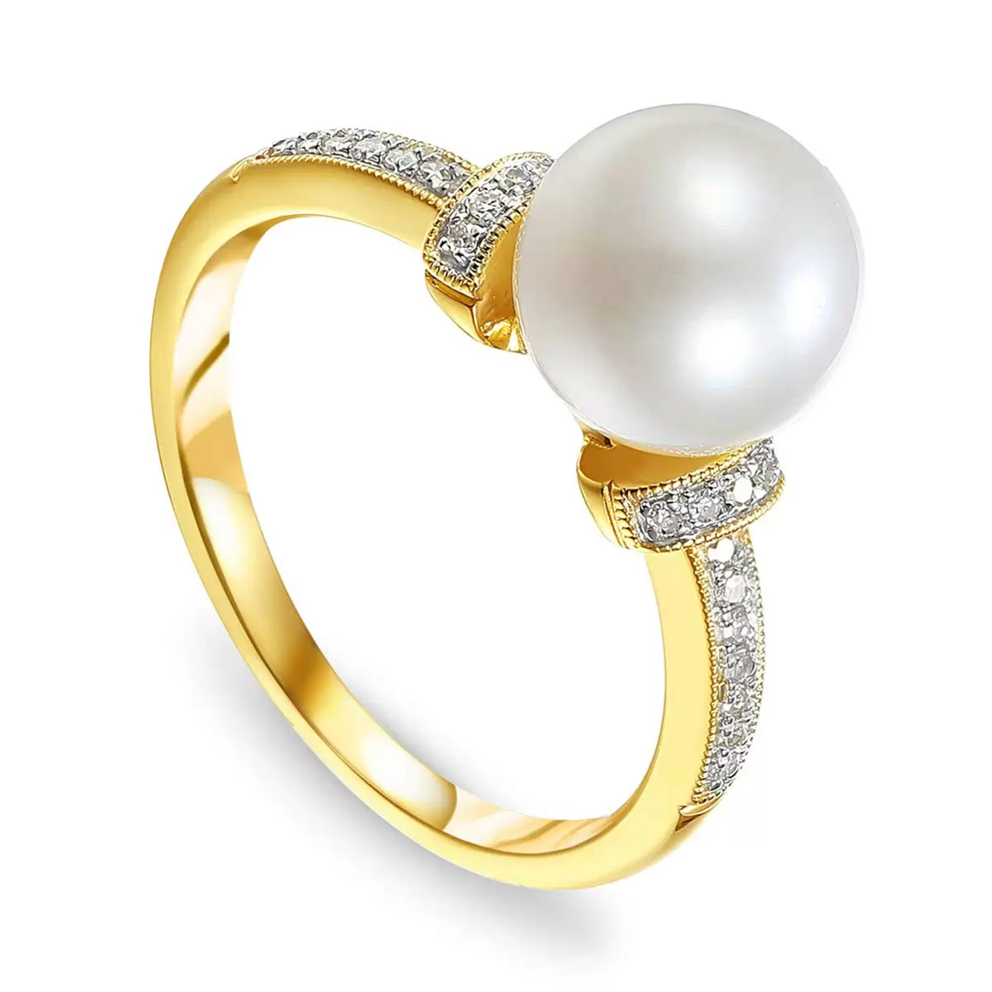 Pierścionek złoty z perłą hodowaną i diamentami naturalnymi, próba 585