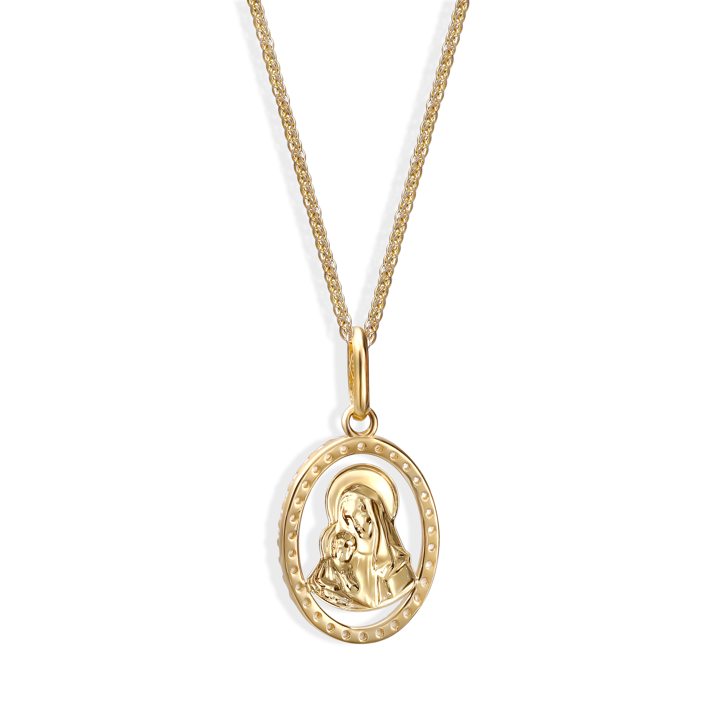 Ażurowy, eliptyczny medalik złoty z cyrkoniami, próba 585