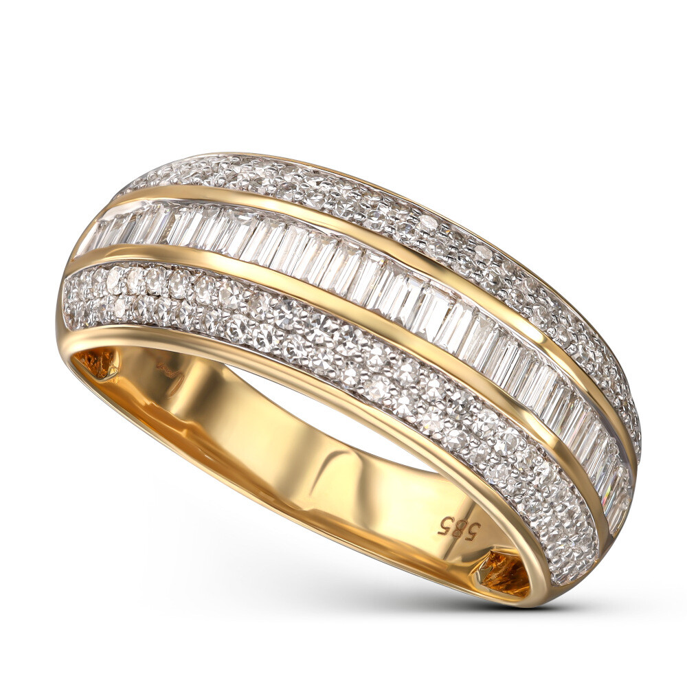 Luksusowy pierścionek złoty obrączkowy z białymi diamentami o różnym szlifie, próba 585