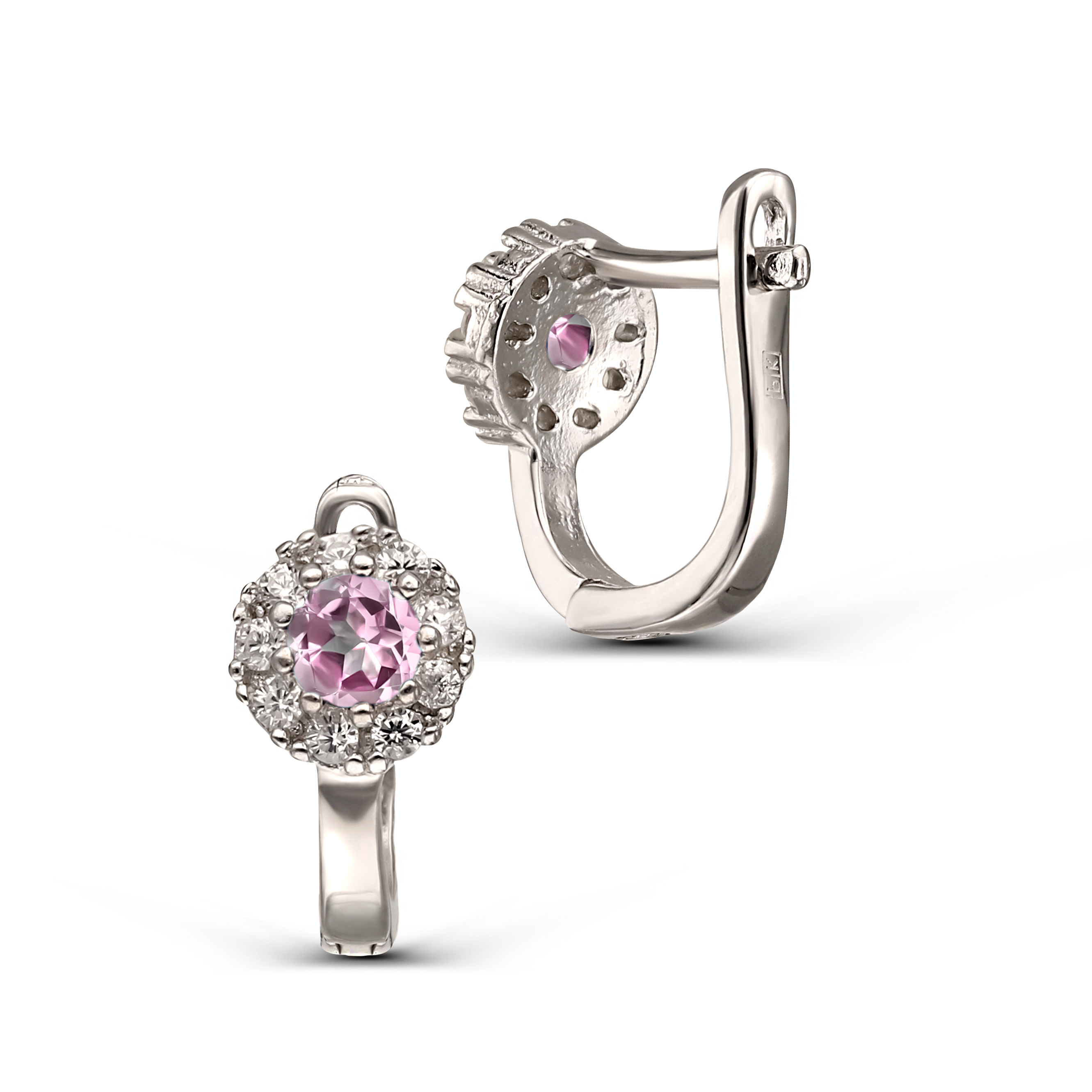 Kolczyki srebrne z różowymi cyrkoniami na angielskim zapięciu, próba 925