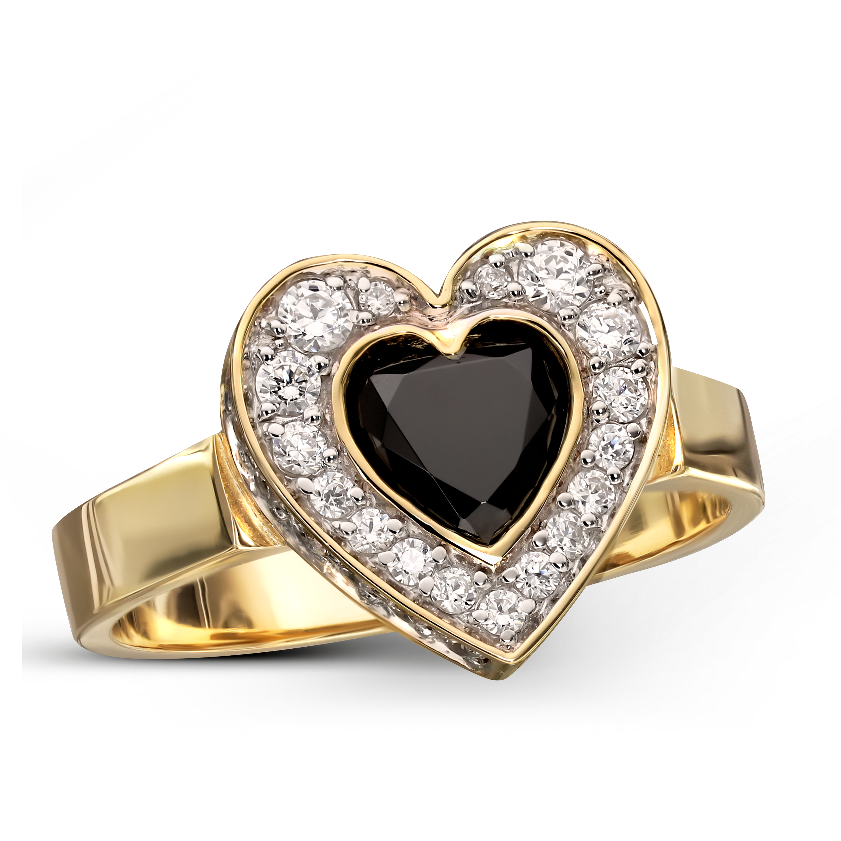 Pierścionek złoty serce z czarną cyrkonią i białymi dookoła, próba 585