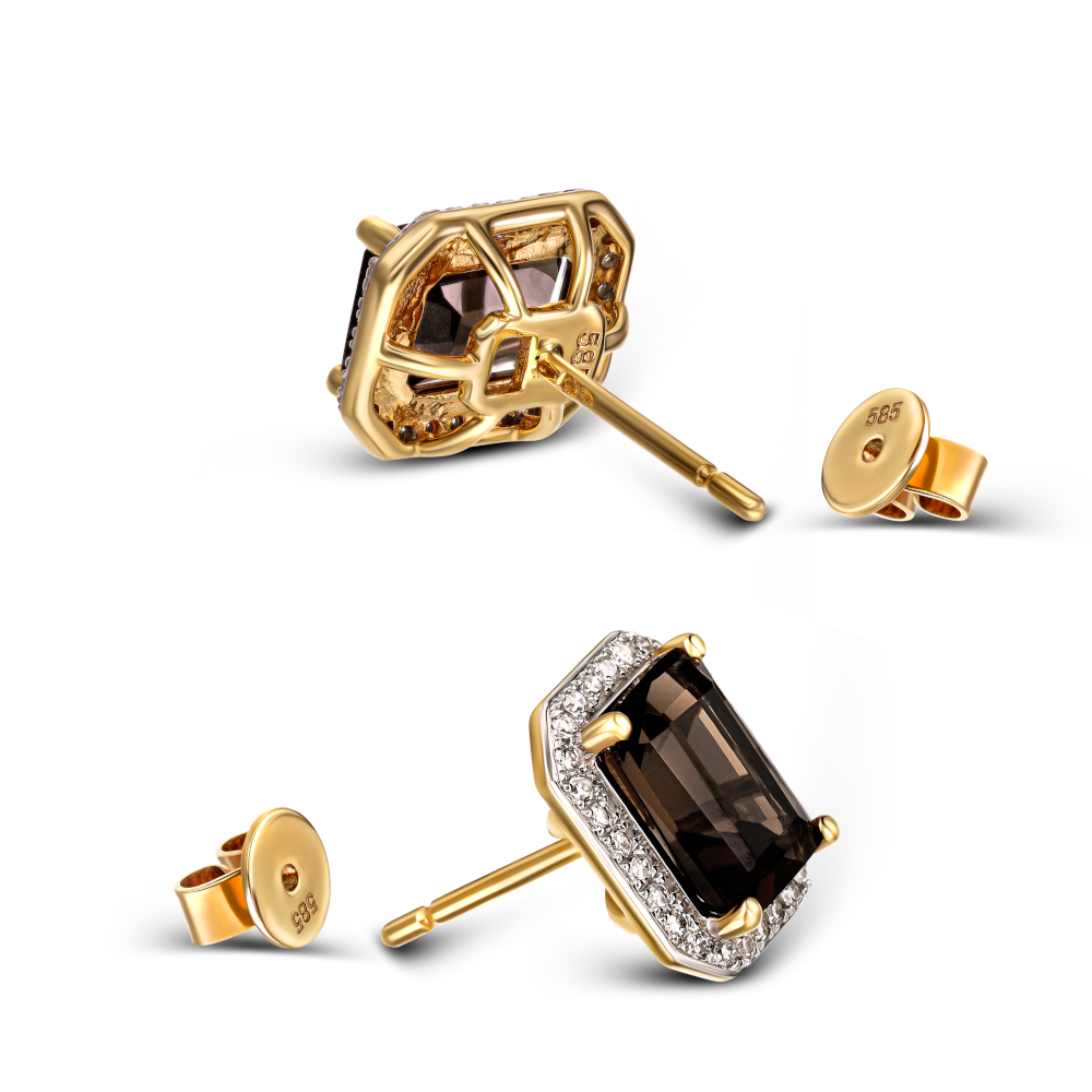 Kolczyki złote z kwarcem dymnym i diamentami naturalnymi, próba 585