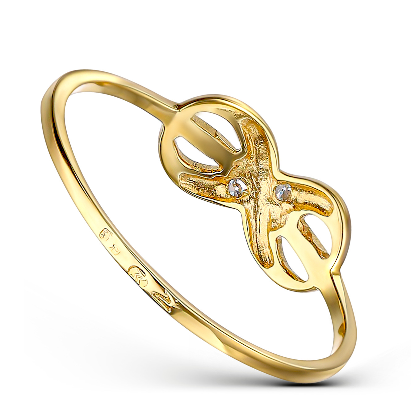 Pierścionek złoty nieskończoność z białymi cyrkoniami, próba 585