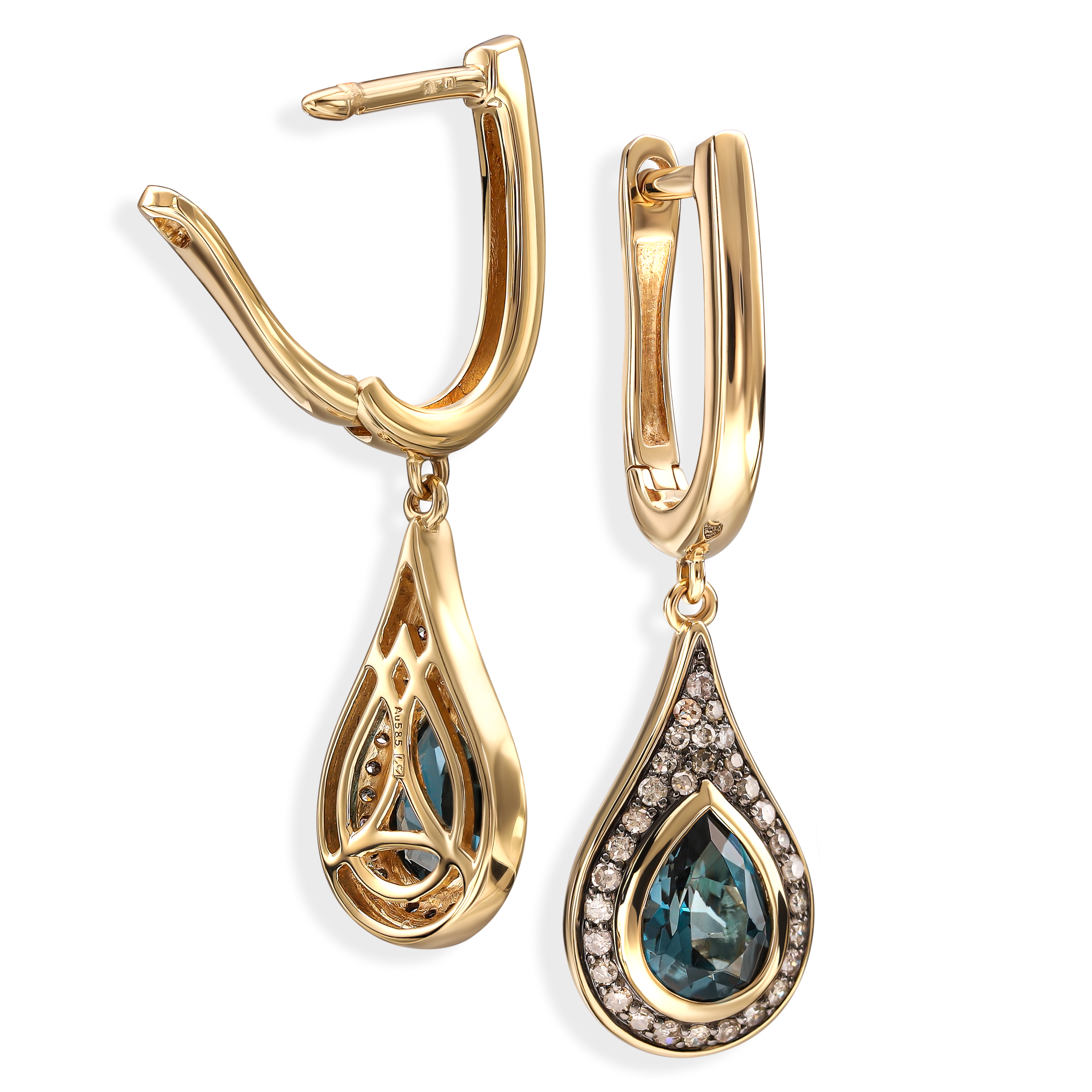 Kolczyki złote z topazem london blue i diamentami naturalnymi 0,29 ct, próba 585