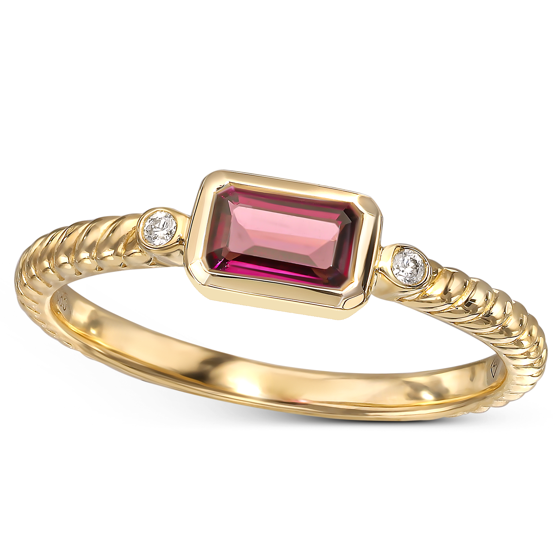 Pierścionek złoty z rodolitem i diamentami naturalnymi, próba 585