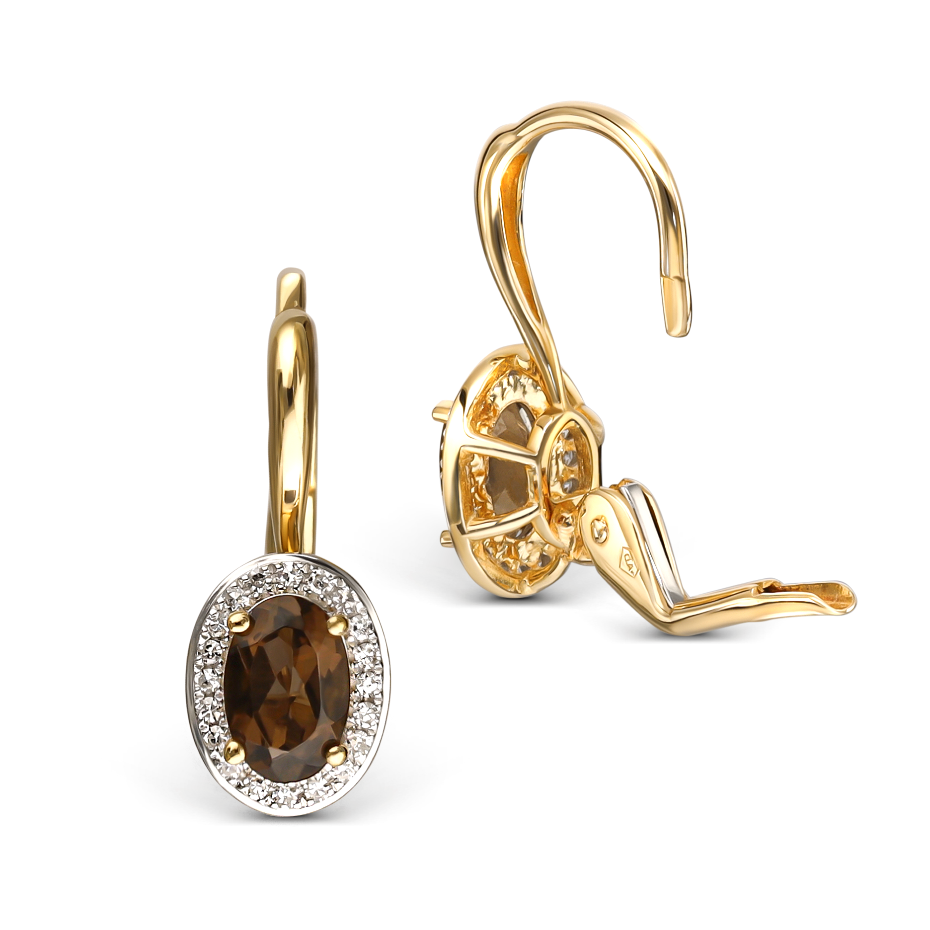 Kolczyki złote z kwarcem dymnym i diamentami naturalnymi, próba 585