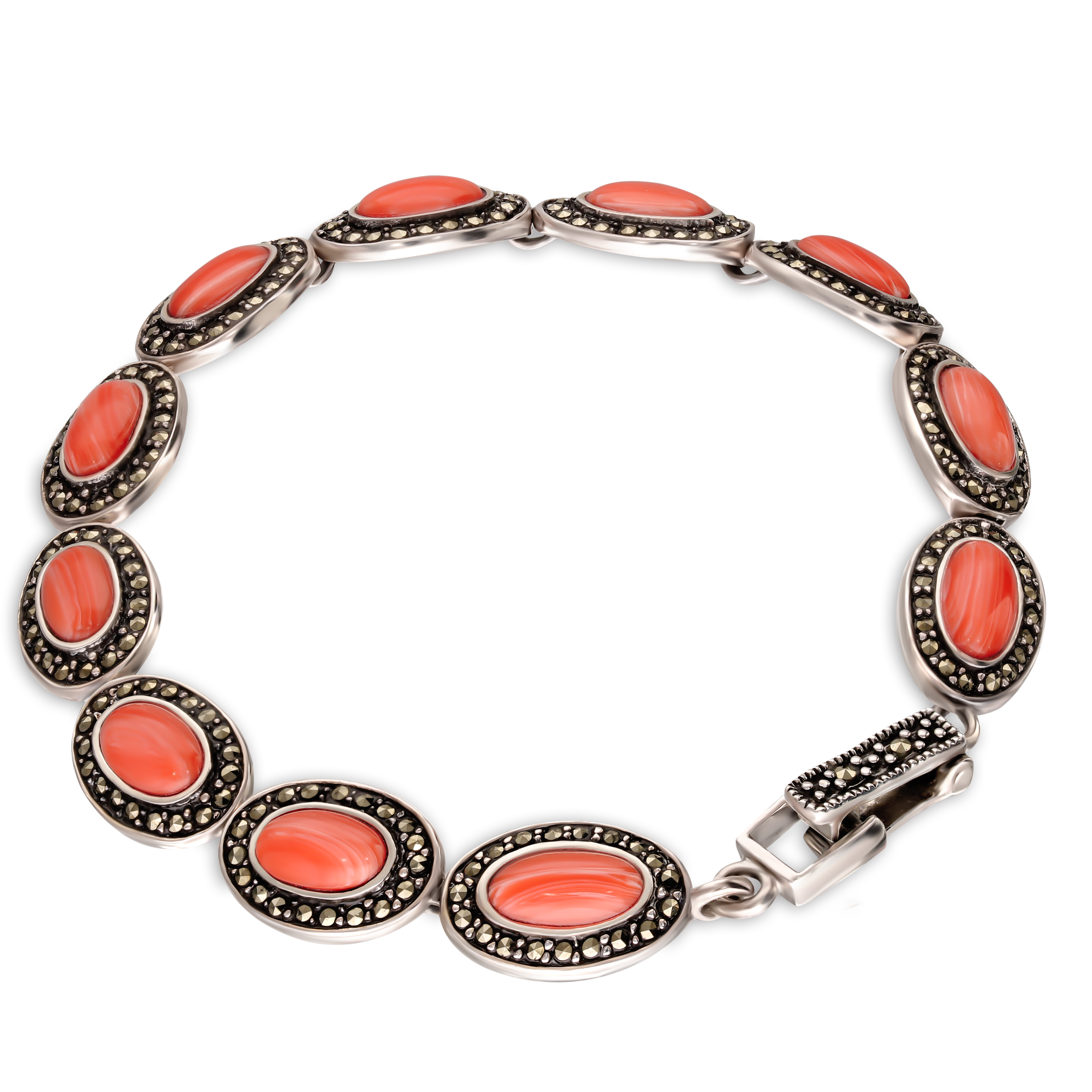 Srebrna bransoleta z koralami i markazytami, próba 925