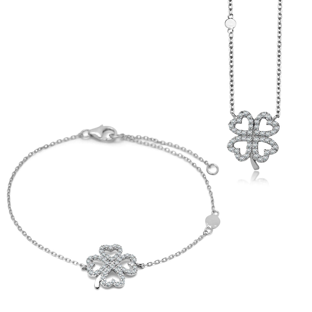 Komplet biżuterii srebrnej naszyjnik i bransoleta z koniczynką, próba 925