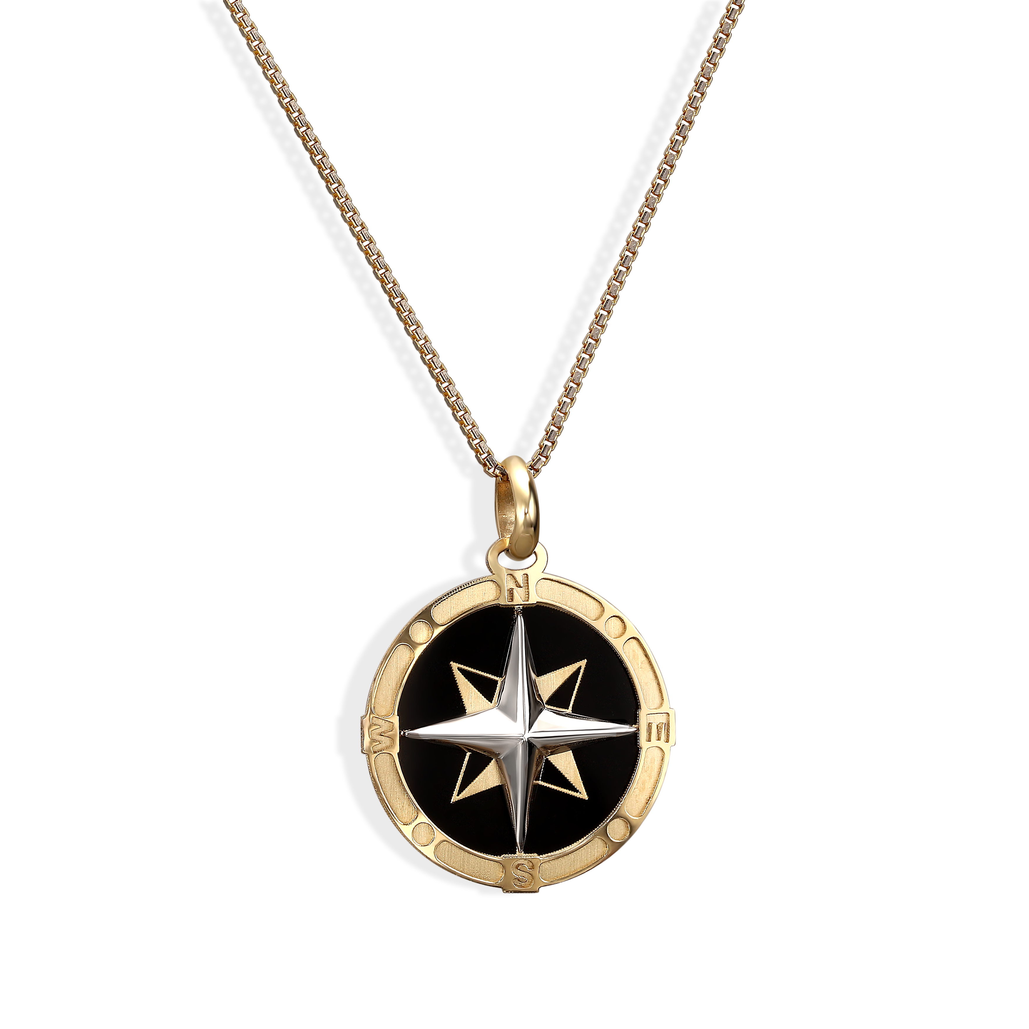 Zawieszka róża wiatrów z onyksem, biało-żółte złoto, próba 585