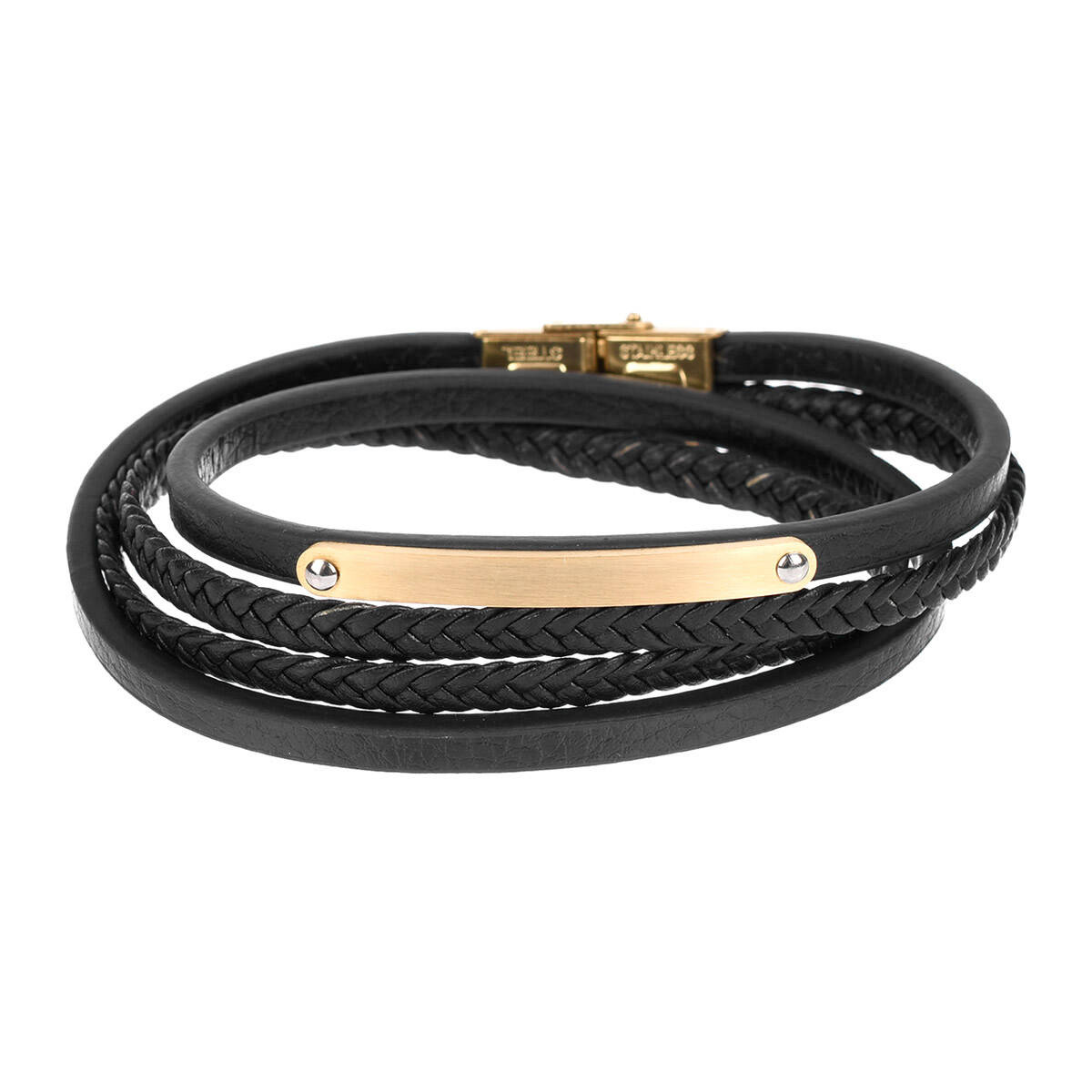 Bransoleta męska z czarnej skóry naturalnej ze stalową blaszką w kolorze złotym