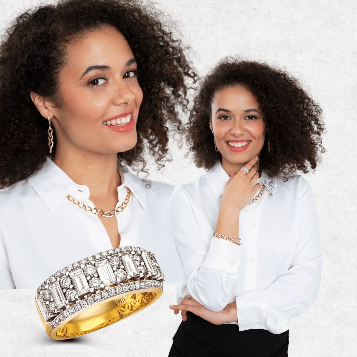 Kobieta kolaż w złotej biżuterii 585 z brylantami